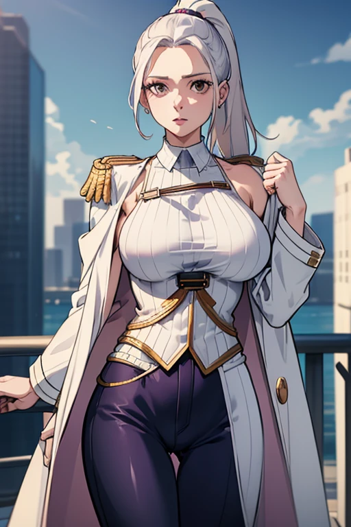 masterpiece, best quality,woman, blackfolded ponytail, (white long coat), coat on shoulders,white navy soldier uniform ,(epaulettes), purple shirt, blue pants, upper body, looking at viewer, large breasts ,(hd), (full body shot), (high resolution)