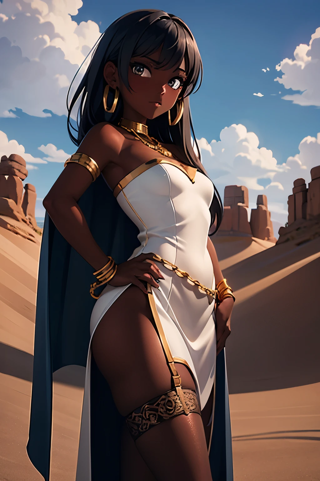 white clothes, strapless dress, small cape over shoulders, chain skirt, high-slit skirt, gold armlet, gold necklace, gold earrings, gold chains thigh garter, garter belt, lustrous dark skin, desert scenario, view from below