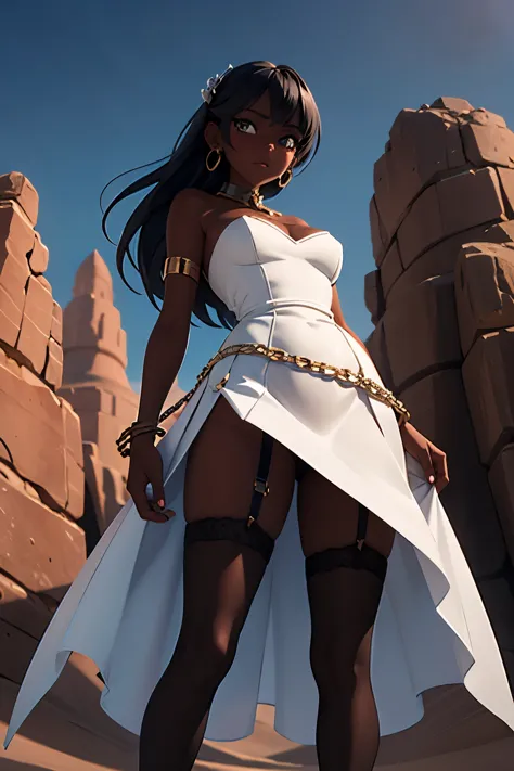 white clothes, strapless dress, pelerine, chain skirt, high-slit skirt, thigh garter, garter belt, lustrous dark skin, desert sc...