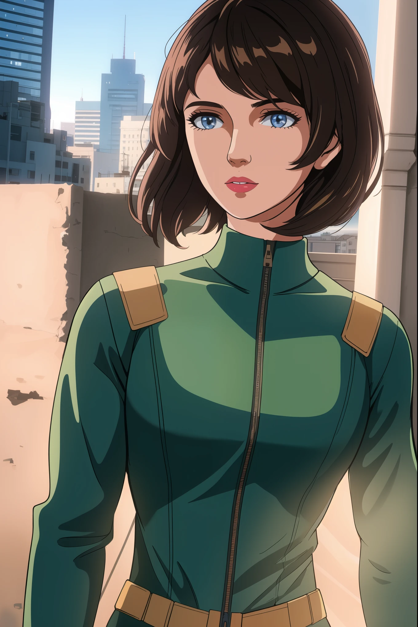 1girl,moderate bust,superhero battle suit,no helmet,short outfit,ruined city,golden short hair,building rooftop,facing forward,(best quality,4k,8k,highres,masterpiece:1.2),ultra-detailed,(realistic,photorealistic,photo-realistic:1.37),HDR,UHD,studio lighting,extreme detail description,professional,vivid colors,bokeh,portraits,colorful,soft pastel colors,soft and warm lighting