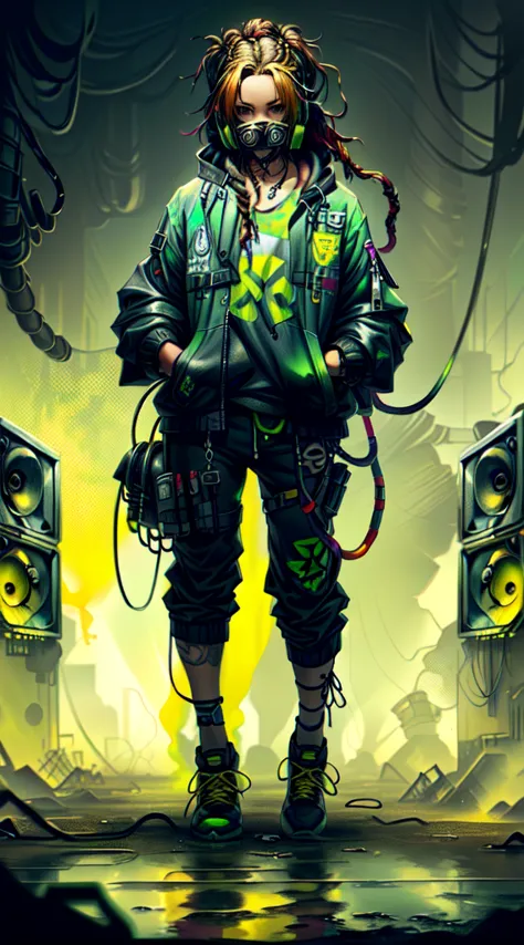 1 rapper with dreads hair, ToxicPunkAI techwear jacket, minimalist abstract ToxicPunkAI music mixer and speakers background, bub...