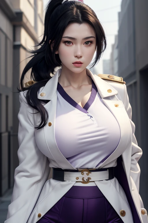 masterpiece, best quality, kurenai,european caucasian ,folded ponytail, (white long coat), coat on shoulders,white navy soldier uniform ,(epaulettes), purple shirt, blue pants, upper body, looking at viewer, large breasts ,(hd), (full body shot), (high resolution)