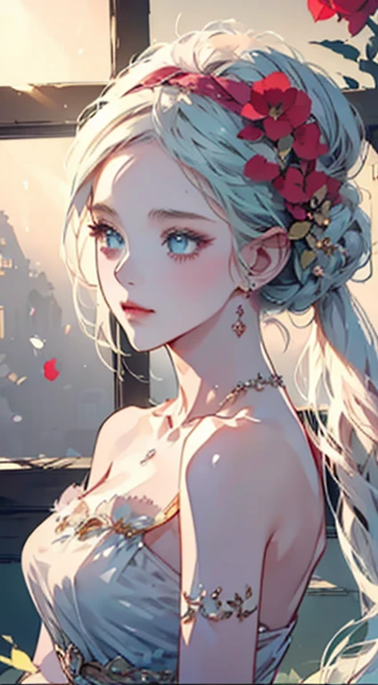 (8k, best quality, masterpiece:1.2),(best quality:1.0), (ultra high definition:1.0), watercolor, a beautiful woman, Shoulder, Headband, by Agnes Cecil, bust, Extremely luminous and bright design, pastel colors, (ink:1.3), autumn lights,