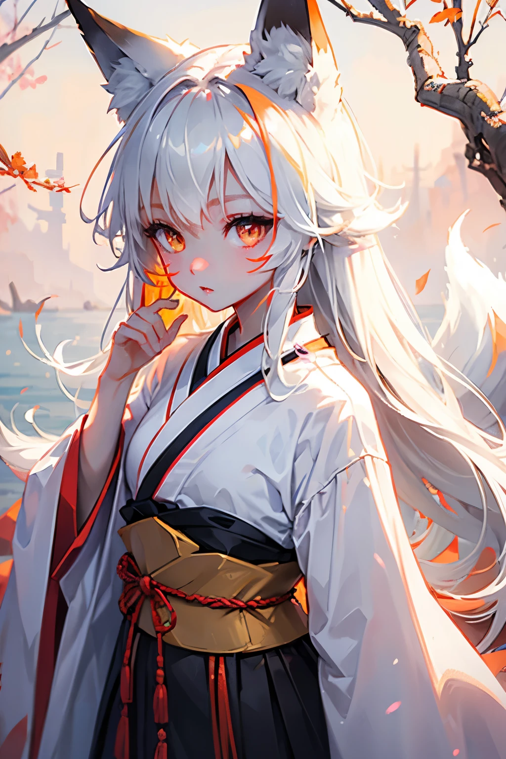 Fille renard, vêtements japonais, yeux de renard, corps décent, Belle fille, Regarder le spectateur, marques de renard sur son visage, Yeux oranges, cheveux blancs avec des reflets noirs, queue blanche avec des reflets noirs.