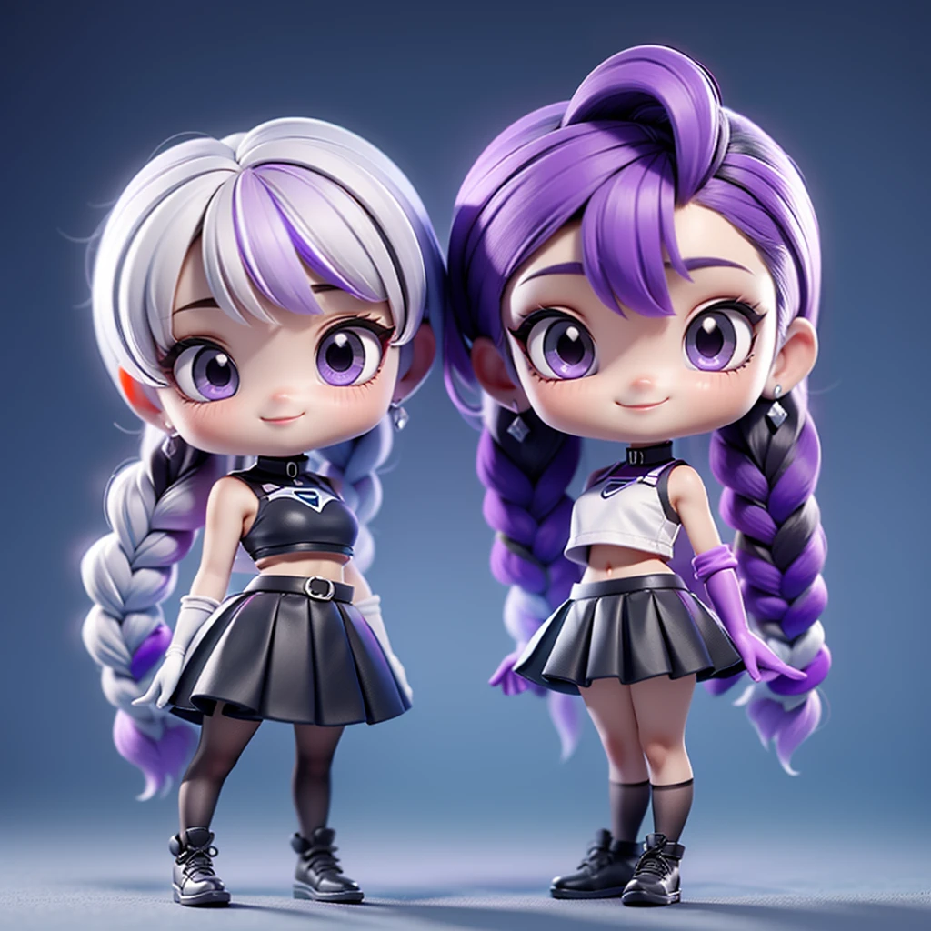 ちび男女のCouple、cute、3D Figure、（Masterpiece、highest quality、Official Art、The best composition、CG、16K、Super detailed、Detailed eyes、Golden Ratio）、Couple（1boy,1girl)、girl（Her hair is a milky white and purple gradient.、Double braid、Black and white diamond-shaped hair ornaments on both sides、purple eyes, long hair, twin braids, purple hair, multicolored hair, elbow gloves, bangs, very long hair,bare shoulders, black skirt,  dress, smile, side cutout,covered navel, side cutout,cryptic girl）、boy（Her hair is a short, black and white gradient.、cyberpunk school uniform）、hologram、Disorganized、