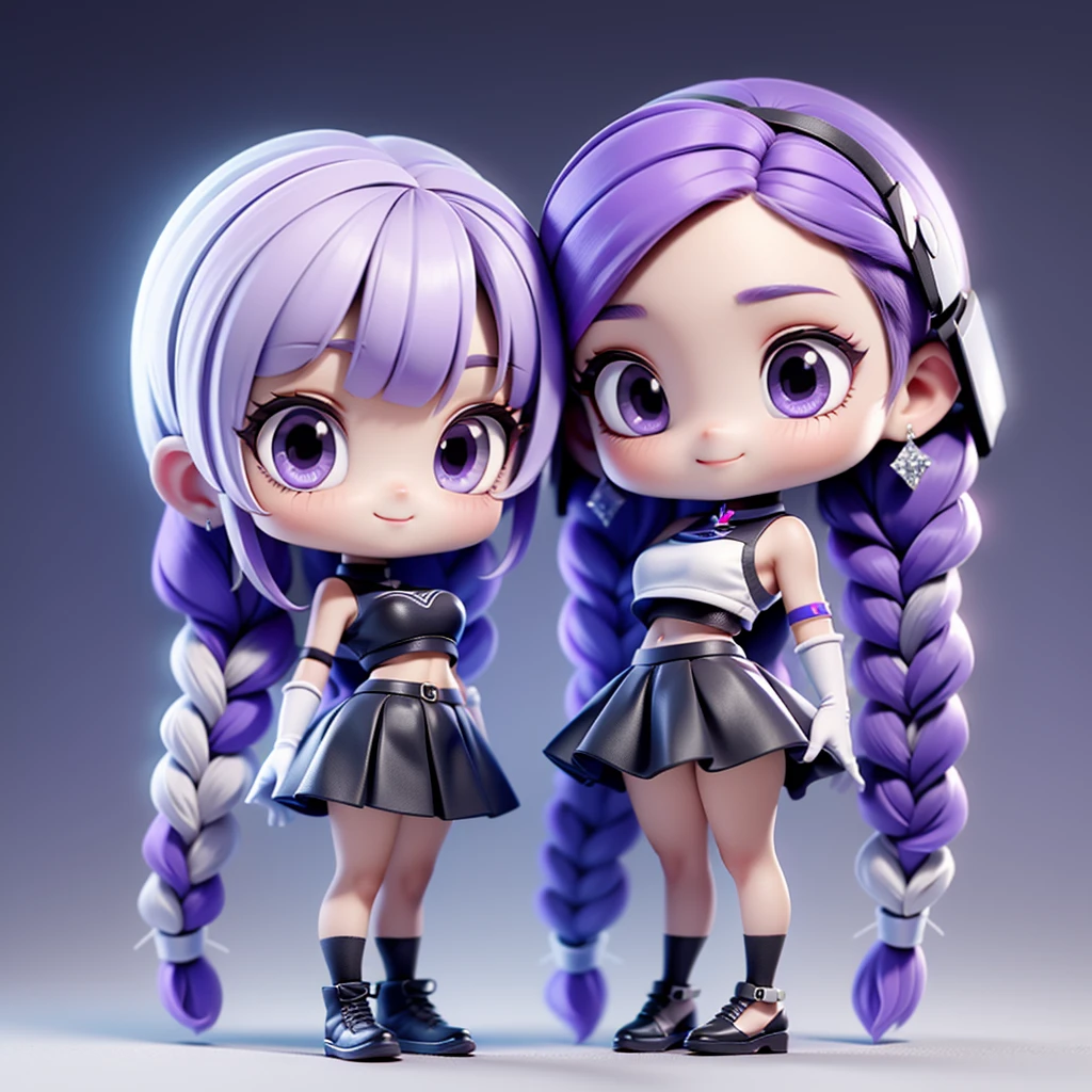 ちび男女のCouple、cute、3D Figure、（Masterpiece、highest quality、Official Art、The best composition、CG、16K、Super detailed、Detailed eyes、Golden Ratio）、Couple（1boy,1girl)、girl（Her hair is a milky white and purple gradient.、Double braid、Black and white diamond-shaped hair ornaments on both sides、purple eyes, long hair, twin braids, purple hair, multicolored hair, elbow gloves, bangs, very long hair,bare shoulders, black skirt,  dress, smile, side cutout,covered navel, side cutout,cryptic girl）、boy（Her hair is a short, black and white gradient.、cyberpunk school uniform）、hologram、Disorganized、