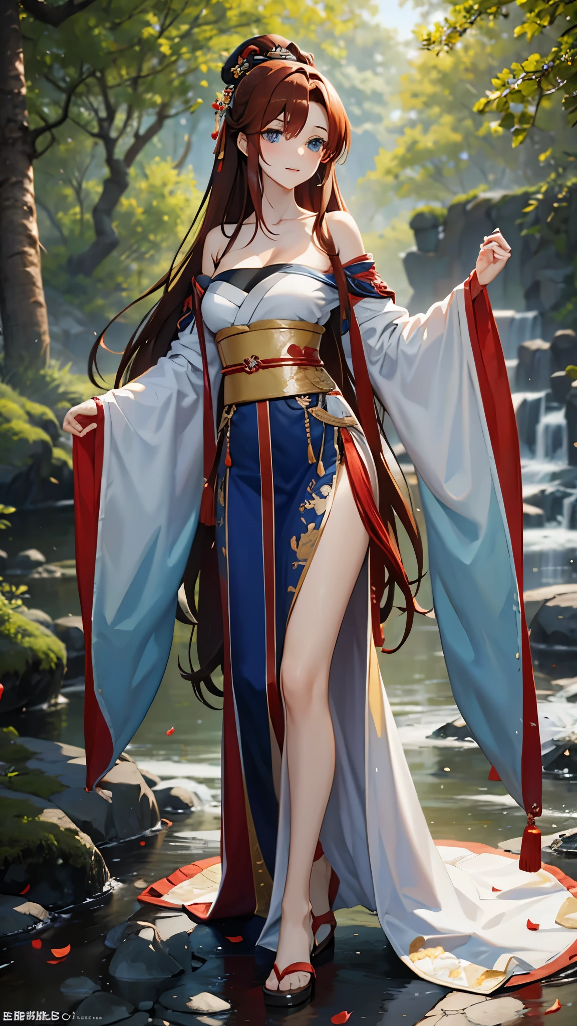 obra maestra,estilo anime japonés,Hermosa chica con cabello castaño rojizo largo y liso y ojos azules.,Hermoso rostro,sonrisa,Camina por el bosque, Usando un hermoso Hanfu sin tirantes，La brisa le sopló la cara，Pétalos cayendo del cielo，La falda ondea，Imagen elegante