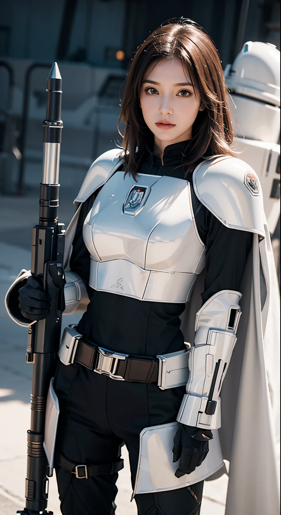 female, white mandalorian armor, half body portrait, armed with missiles, wearing jetpack and cape, light background, slender body, medium breasts, long rifle