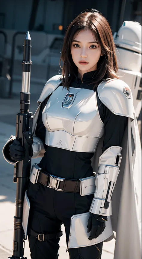 female, white mandalorian armor, half body portrait, armed with missiles, wearing jetpack and cape, light background, slender bo...