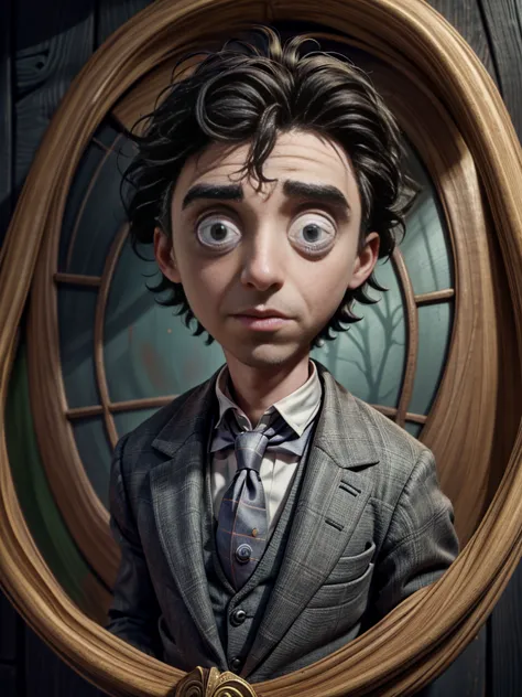 Absurd masterpiece HDR high quality image of a portrait of ((a handsome young student boy)), ((Tim Burton theme style))