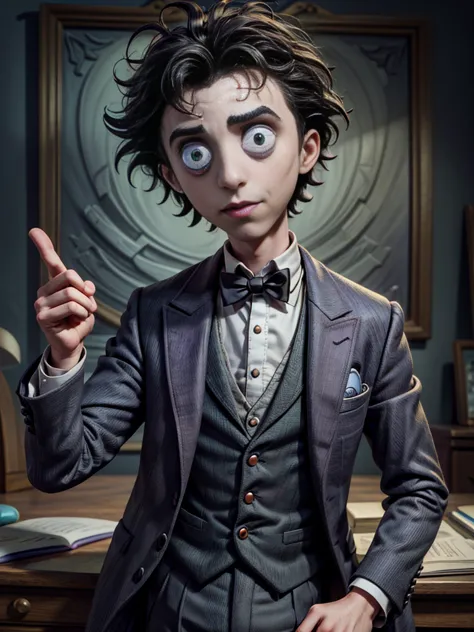 Absurd masterpiece HDR high quality image of a portrait of ((a handsome young student boy)), ((Tim Burton theme style))