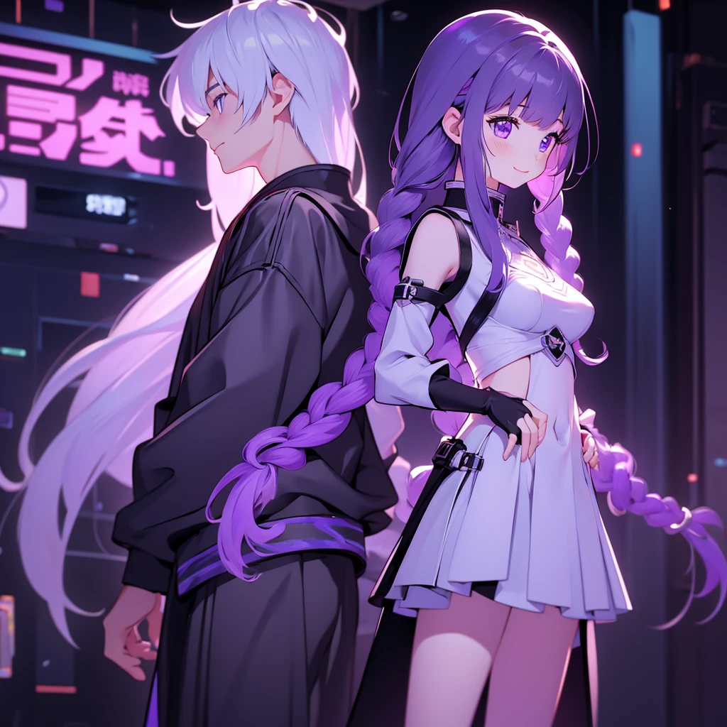 ちび男女のCouple、cute、3D Figure、（Masterpiece、highest quality、Official Art、The best composition、CG、16K、Super detailed、Detailed eyes、Golden Ratio）、Couple（1boy,1girl)、girl（Her hair is a milky white and purple gradient.、Double braid、Black and white diamond-shaped hair ornaments on both sides、purple eyes, long hair, twin braids, purple hair, multicolored hair, elbow gloves, bangs, very long hair,bare shoulders, black skirt, dress, smile, side cutout,covered navel, side cutout,cryptic girl）、boy（Her hair is a short, black and white gradient.、cyberpunk school uniform）、hologram、Disorganized、