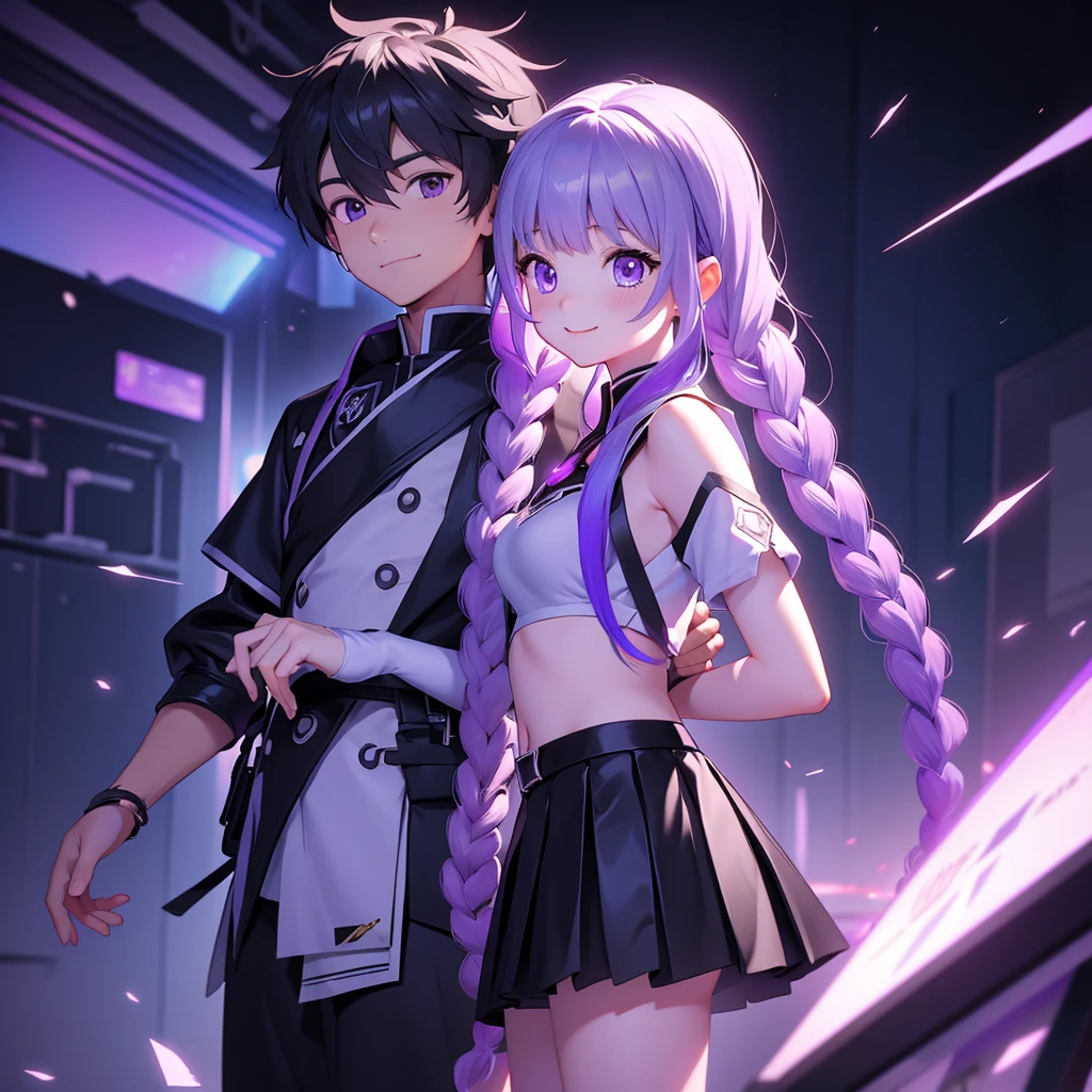 ちび男女のCouple、cute、3D Figure、（Masterpiece、highest quality、Official Art、The best composition、CG、16K、Super detailed、Detailed eyes、Golden Ratio）、Couple（1boy,1girl)、girl（Her hair is a milky white and purple gradient.、Double braid、Black and white diamond-shaped hair ornaments on both sides、purple eyes, long hair, twin braids, purple hair, multicolored hair, elbow gloves, bangs, very long hair,bare shoulders, black skirt, dress, smile, side cutout,covered navel, side cutout,cryptic girl）、boy（Her hair is a short, black and white gradient.、cyberpunk school uniform）、hologram、Disorganized、c0upl3