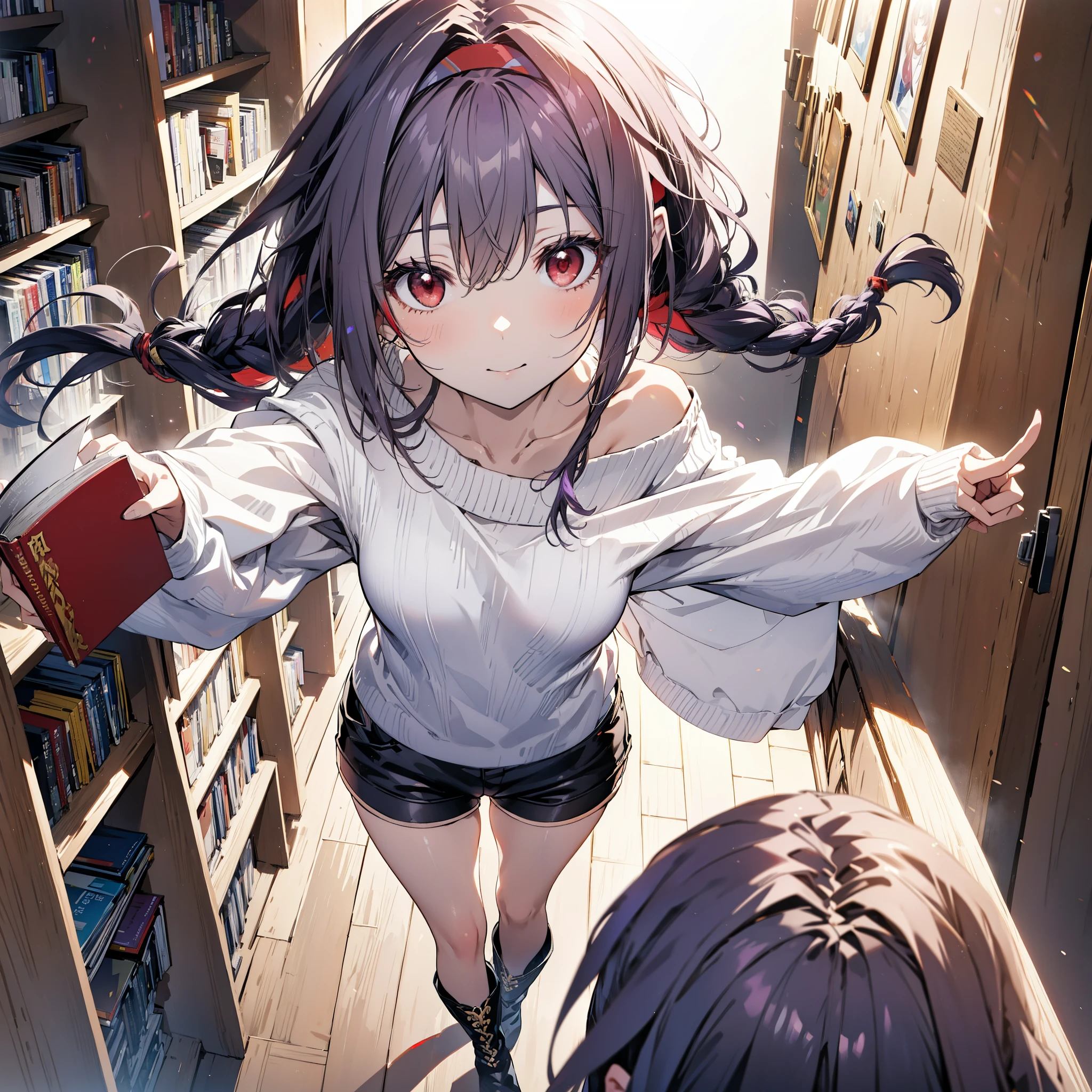 yuukikonno, Konno Yuuki, hair band, Long Hair, Pointed Ears, Purple Hair, (Red eyes:1.5), (Small breasts:1.2), Close your mouth,smile、,Long braids,Black-rimmed glasses,Oversized one-shoulder sweater,Shorts,short boots,Holding a book in both arms,
壊す looking at viewer, whole body,
Break indoors, Destroy the figure library (masterpiece:1.2), highest quality, High resolution, unity 8k wallpaper, (figure:0.8), (Beautiful fine details:1.6), Highly detailed face, Perfect lighting, Highly detailed CG, (Perfect hands, Perfect Anatomy),