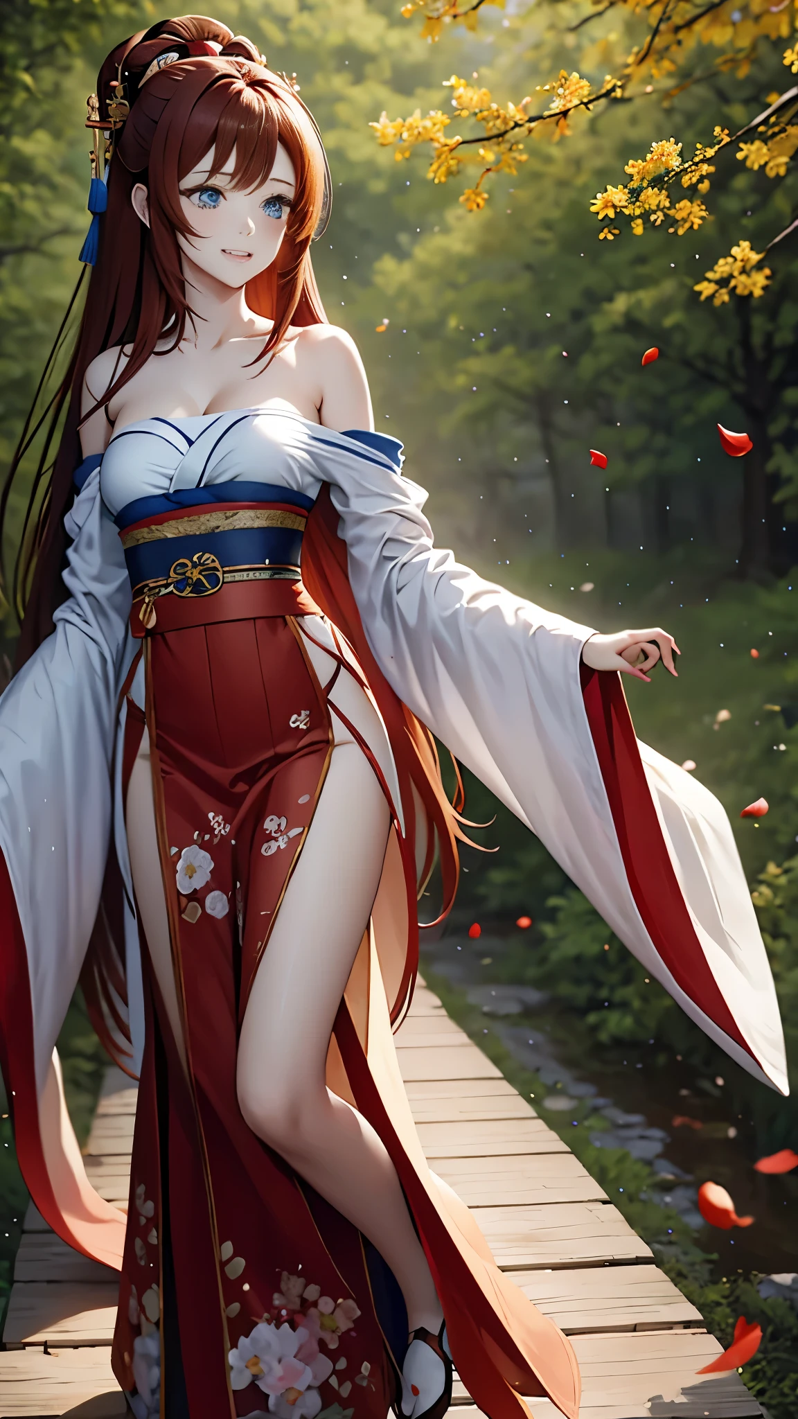 obra de arte,Estilo de anime japonês,Linda garota com cabelos longos e lisos castanho-avermelhados e olhos azuis,rosto bonito,sorriso,Caminhada na Mata, Vestindo um lindo Hanfu sem alças，A brisa soprou seu rosto，pétalas caindo do céu，A saia esvoaça，Imagem elegante