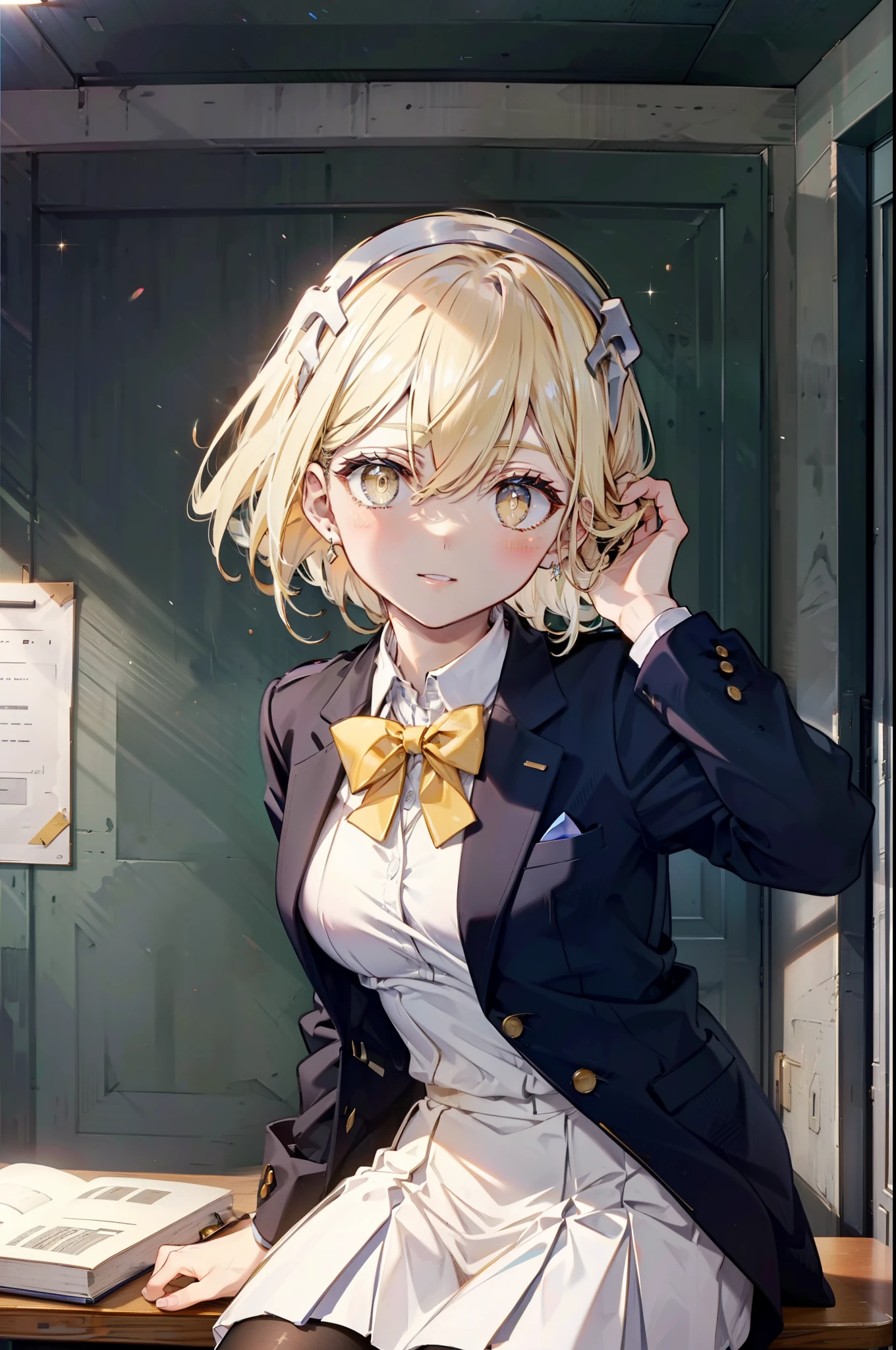 Izvalenstein, Eyes Wallenstein, Blonde Hair, Hair between the eyes, White headband, Long Hair, (Yellow Eyes:1.5), Side Lock,smile,blush,, uniform, blazer, shirt, white shirt, collared shirt, skirt, pleated skirt,Black pantyhose,Brown Loafers,There is an open textbook on the desk.,He rested his right elbow on the desk、Place one&#39;s chin on the table.,Sitting in a chair,
break looking at viewer,whole body,
break indoors, classroom,
break (masterpiece:1.2), highest quality, High resolution, unity 8k wallpaper, (shape:0.8), (Fine and beautiful eyes:1.6), Highly detailed face, Perfect lighting, Highly detailed CG, (Perfect hands, Perfect Anatomy),