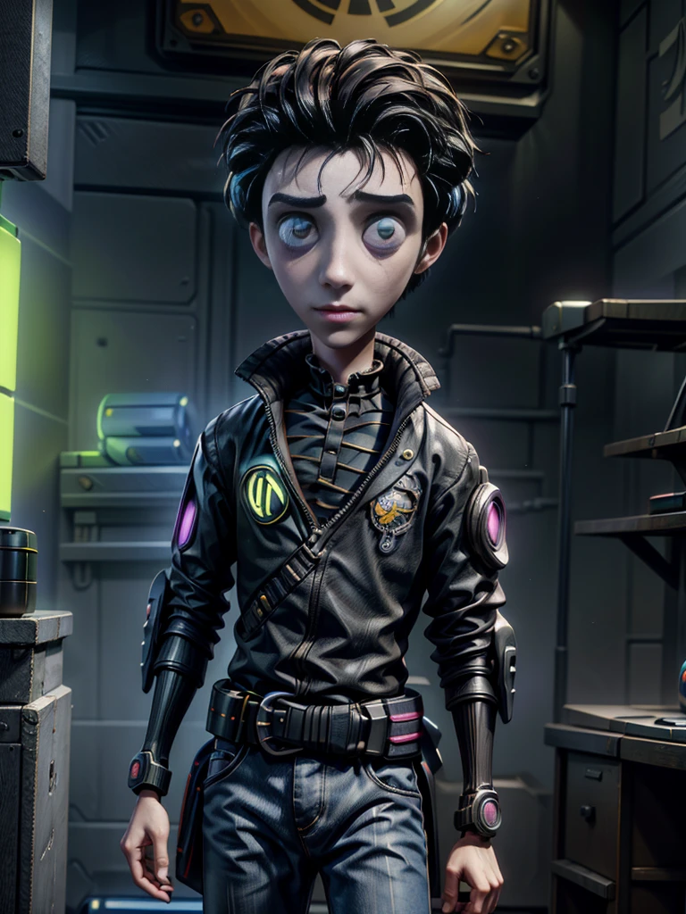 Absurd masterpiece HDR high quality image of a portrait of ((a young student boy, 16 years old, handsome)), ((Tim Burton Cyberpunk theme style))