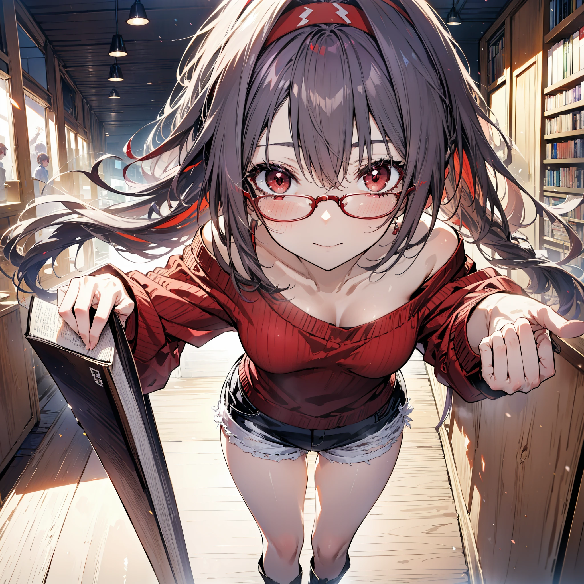 yuukikonno, Konno Yuuki, hair band, Long Hair, Pointed Ears, Purple Hair, (Red eyes:1.5), (Small breasts:1.2), Close your mouth,smile、,Long braids,Black-rimmed glasses,Oversized one-shoulder sweater,Shorts,short boots,Holding a book in both arms,
壊す looking at viewer, whole body,
Break indoors, Destroy the figure library (masterpiece:1.2), highest quality, High resolution, unity 8k wallpaper, (figure:0.8), (Beautiful fine details:1.6), Highly detailed face, Perfect lighting, Highly detailed CG, (Perfect hands, Perfect Anatomy),