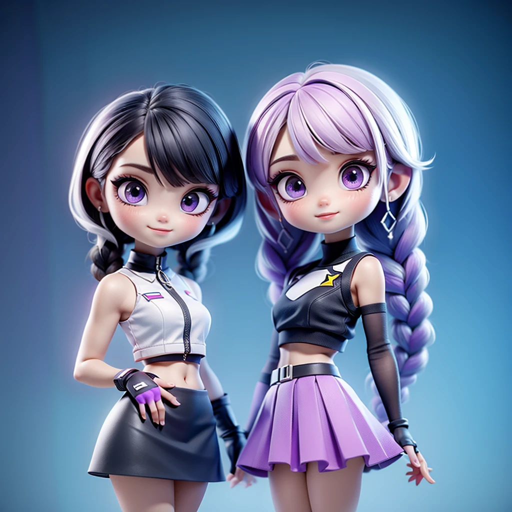 ちび男女のCouple、cute、3D Figure、（Masterpiece、highest quality、Official Art、The best composition、CG、16K、Super detailed、Detailed eyes、Golden Ratio）、Couple（1boy,1girl)、girl（Purple eyes、Her hair is a milky white and purple gradient.、Double braid、Black and white diamond-shaped hair ornaments on both sides、Clothing Features（elbow gloves, bangs,bare shoulders, black skirt, dress, smile, side cutout,covered navel, side cutout,cryptic girl）、boy（Her hair is a short, black and white gradient.、cyberpunk school uniform）、hologram、Disorganized、c0upl3