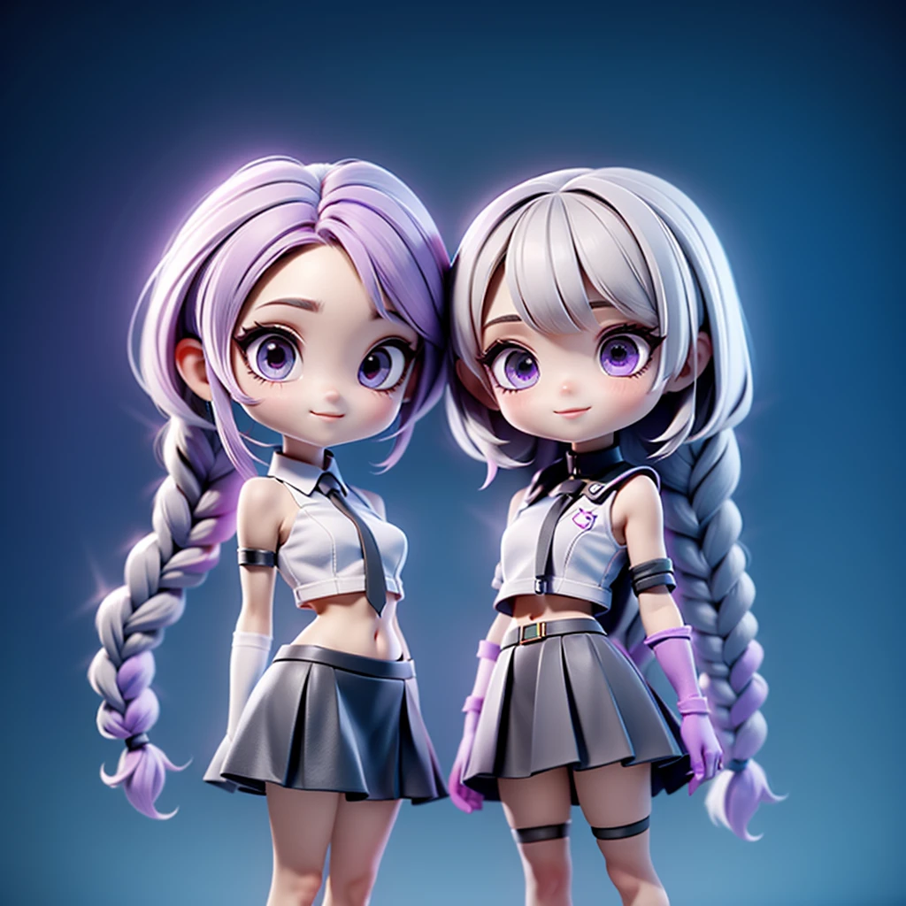 ちび男女のCouple、cute、3D Figure、（Masterpiece、highest quality、Official Art、The best composition、CG、16K、Super detailed、Detailed eyes、Golden Ratio）、Couple（1boy,1girl)、girl（Purple eyes、Her hair is a milky white and purple gradient.、Double braid、Black and white diamond-shaped hair ornaments on both sides、Clothing Features（elbow gloves, bangs,bare shoulders, black skirt, dress, smile, side cutout,covered navel, side cutout,cryptic girl）、boy（Her hair is a short, black and white gradient.、cyberpunk school uniform）、hologram、Disorganized、c0upl3