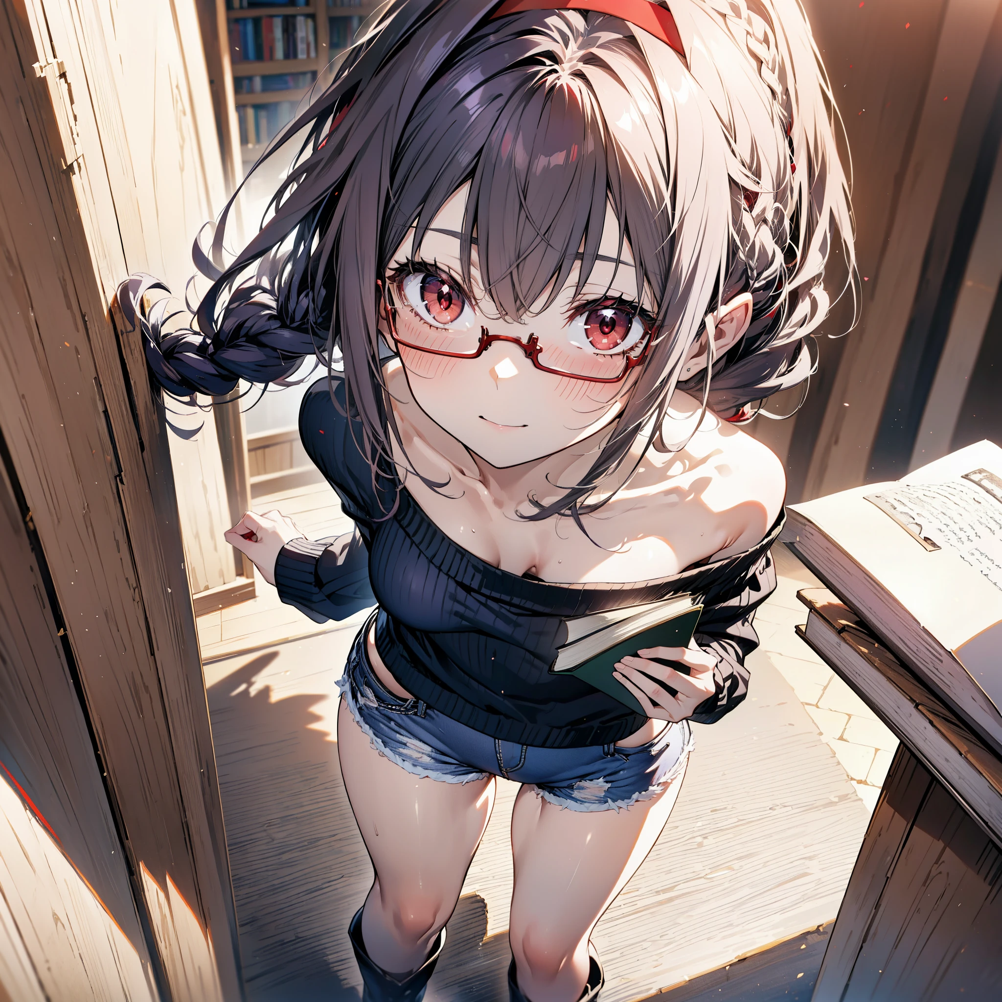 yuukikonno, Konno Yuuki, hair band, Long Hair, Pointed Ears, Purple Hair, (Red eyes:1.5), (Small breasts:1.2), Close your mouth,smile、,Long braids,Black-rimmed glasses,Oversized one-shoulder sweater,Shorts,short boots,Holding a book in both arms,
壊す looking at viewer, whole body,
Break indoors, Destroy the figure library (masterpiece:1.2), highest quality, High resolution, unity 8k wallpaper, (figure:0.8), (Beautiful fine details:1.6), Highly detailed face, Perfect lighting, Highly detailed CG, (Perfect hands, Perfect Anatomy),