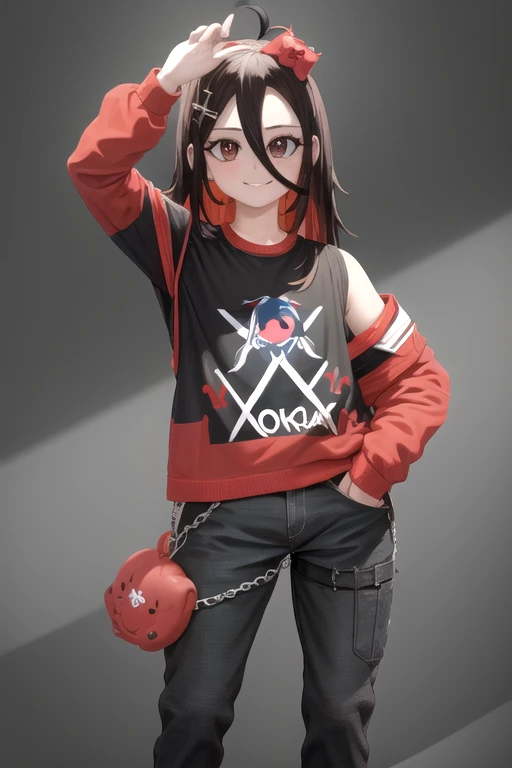 Retrato de una Vtuber argentina llamada NimuVT con calidad de obra maestra, ultra detallado, high quality and high resolution. Tiene el pelo de dos tonos con el pelo corto y negro con flequillo ligeramente desordenado, pelo largo rojo con el interior coloreado de negro, y su cabello cubre parcialmente sus ojos. Tiene ojos marrones oscuros y penetrantes, y un ojo es negro y el otro rojo. Tiene una figura delgada, bien definida y con busto prominente. El esta sonriendo con la boca abierta, sonrojada y lleva una gargantilla negra. Viste pantalones cortos negros rasgados, zapatillas de tenis azules y una blusa rosa con tirantes que deja ver el ombligo. Sostiene un hacha en su mano derecha, lleva una mochila en la espalda y una chaqueta con los hombros descubiertos. He is looking at the viewer on a black background..