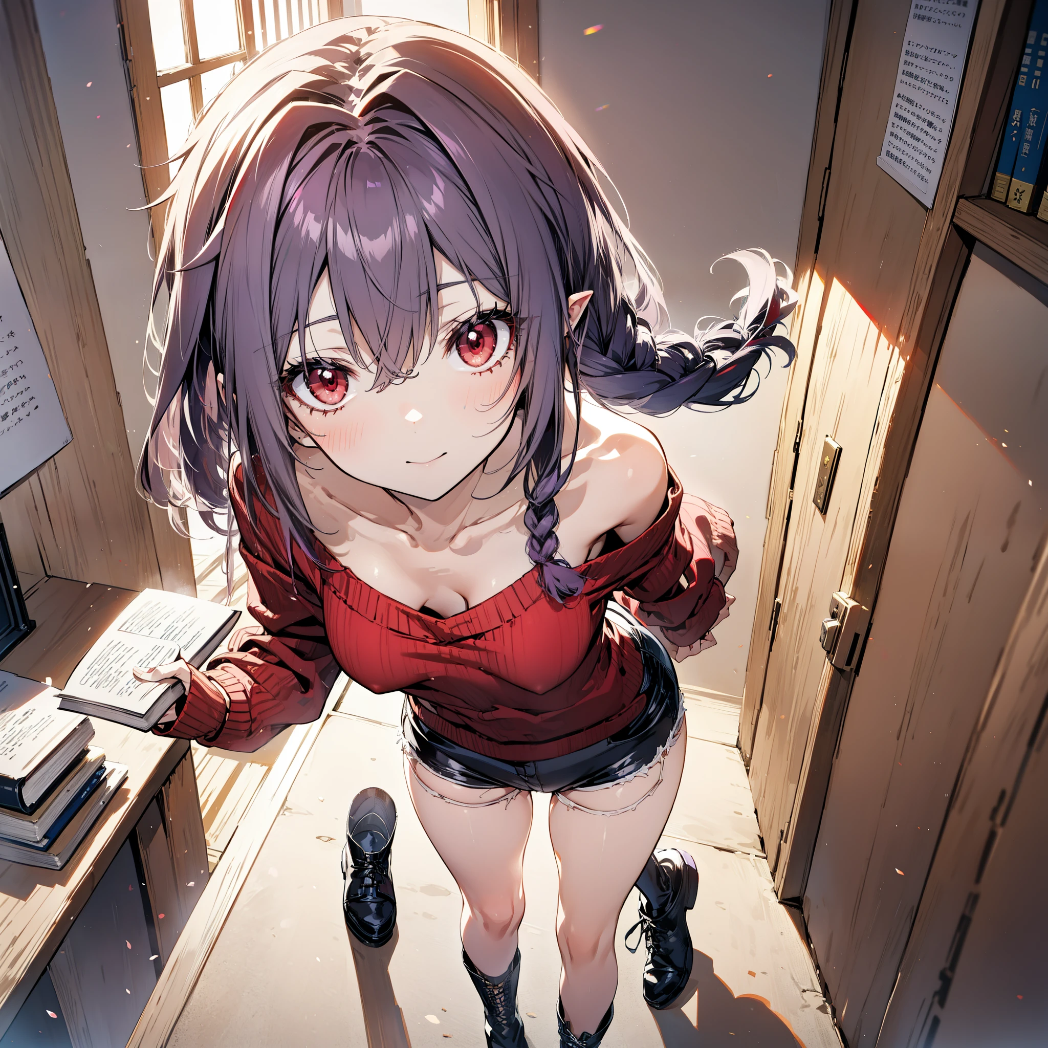 yuukikonno, Konno Yuuki, hair band, Long Hair, Pointed Ears, Purple Hair, (Red eyes:1.5), (Small breasts:1.2), Close your mouth,smile、,Long braids,Black-rimmed glasses,Oversized one-shoulder sweater,Shorts,short boots,Holding a book in both arms,
壊す looking at viewer, whole body,
Break indoors, Destroy the figure library (masterpiece:1.2), highest quality, High resolution, unity 8k wallpaper, (figure:0.8), (Beautiful fine details:1.6), Highly detailed face, Perfect lighting, Highly detailed CG, (Perfect hands, Perfect Anatomy),