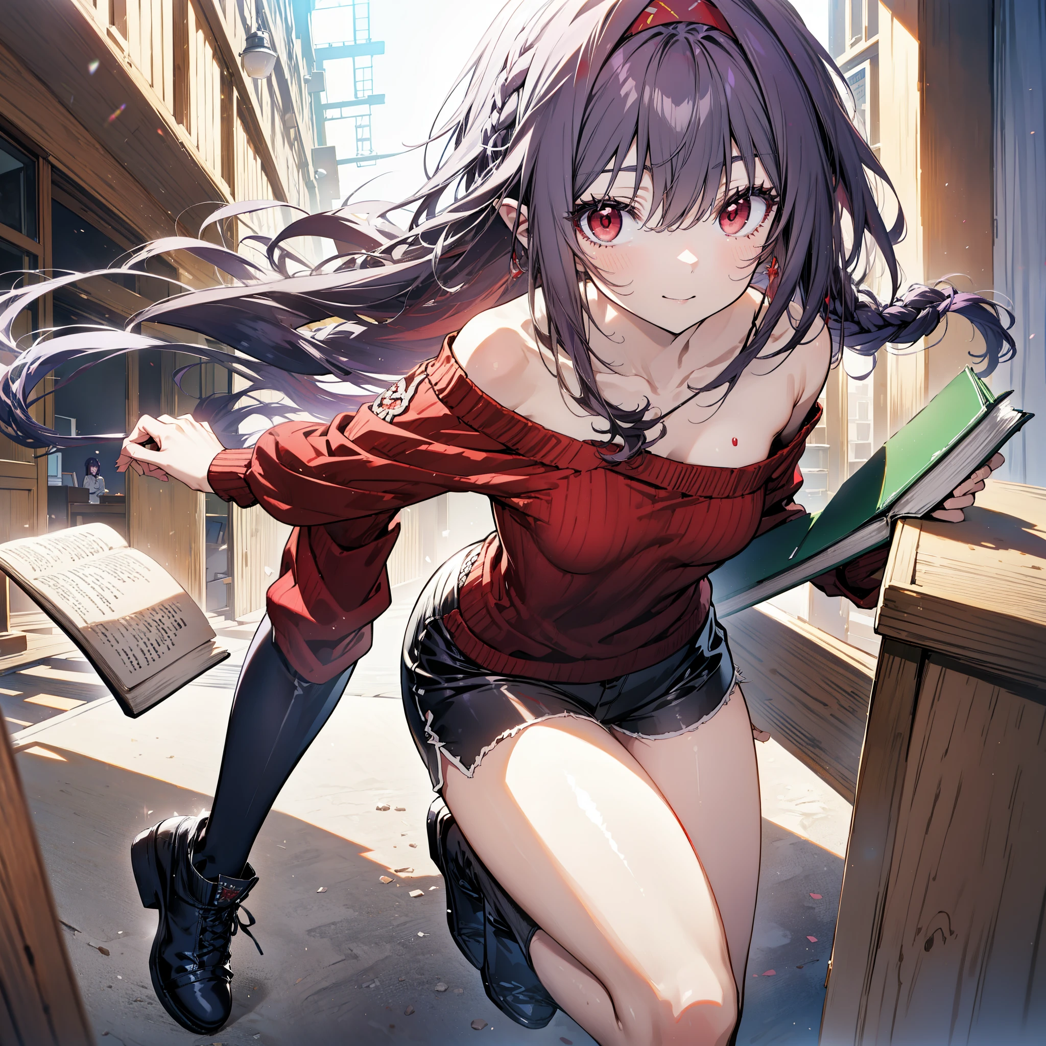 yuukikonno, Konno Yuuki, hair band, Long Hair, Pointed Ears, Purple Hair, (Red eyes:1.5), (Small breasts:1.2), Close your mouth,smile、,Long braids,Black-rimmed glasses,Oversized one-shoulder sweater,Shorts,short boots,Holding a book in both arms,
BREAK looking at viewer, whole body,
BREAK indoors, Figure Library,
BREAK (masterpiece:1.2), highest quality, High resolution, unity 8k wallpaper, (figure:0.8), (Beautiful fine details:1.6), Highly detailed face, Perfect lighting, Highly detailed CG, (Perfect hands, Perfect Anatomy),