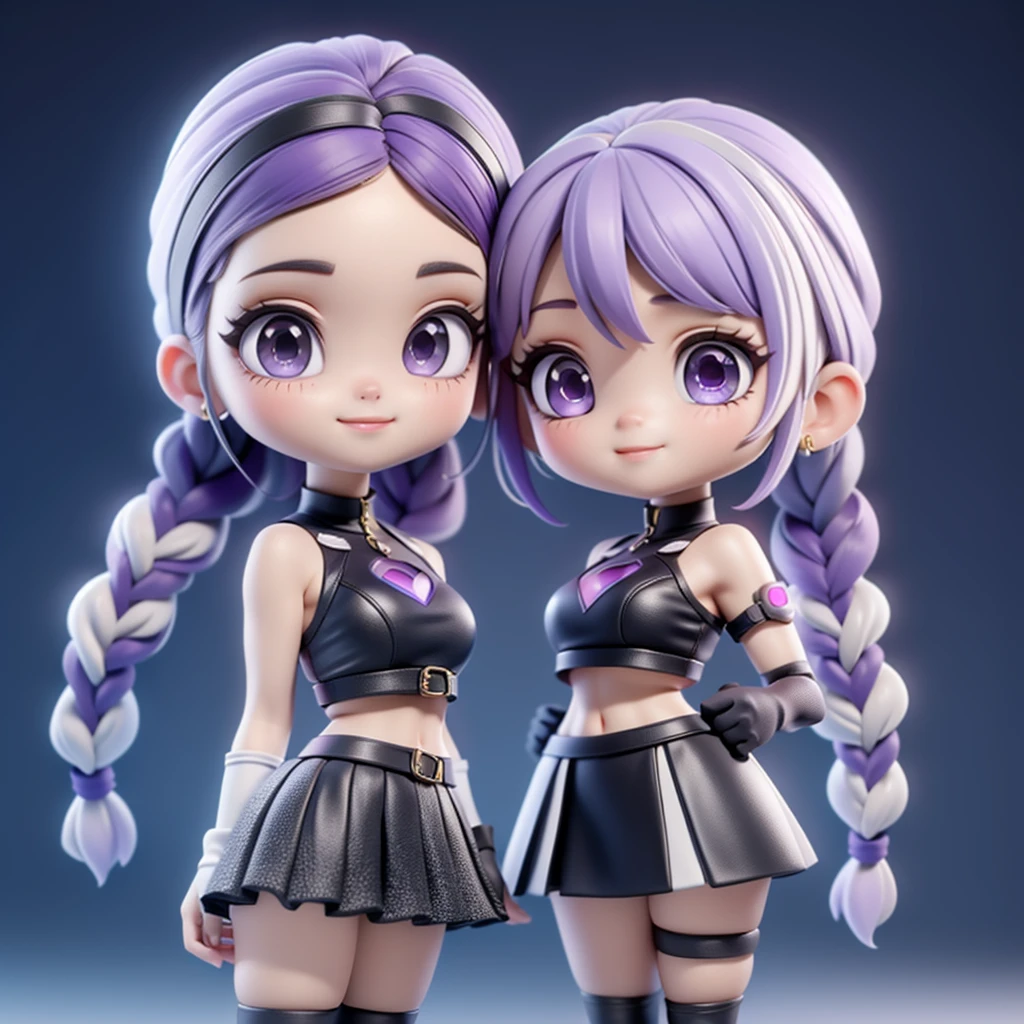 ちび男女のCouple3D Figure、cute、3D Figure、（Masterpiece、highest quality、Official Art、The best composition、CG、16K、Super detailed、Detailed eyes、Golden Ratio）、Couple（1boy,1girl)、girl（Purple eyes、Her hair is a milky white and purple gradient.、Double braid、Black and white diamond-shaped hair ornaments on both sides、Clothing Features（elbow gloves, bangs,bare shoulders, black skirt, dress, smile, side cutout,covered navel, side cutout,cryptic girl）、boy（Her hair is a short, black and white gradient.、cyber punk）、