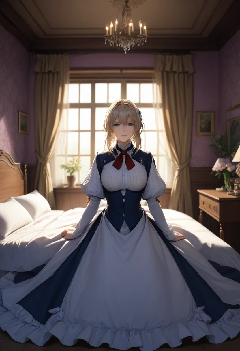 masterpiece, highest quality, (Highly detailed CG synthesis 8k wallpaper), (highest quality), (Best illustrations), (Best Shadow), (Stable Diffusion Model), Violet Evergarden, Sparkling, beautiful, victorian style bedroom, Dynamic Lighting, Depth of written boundary