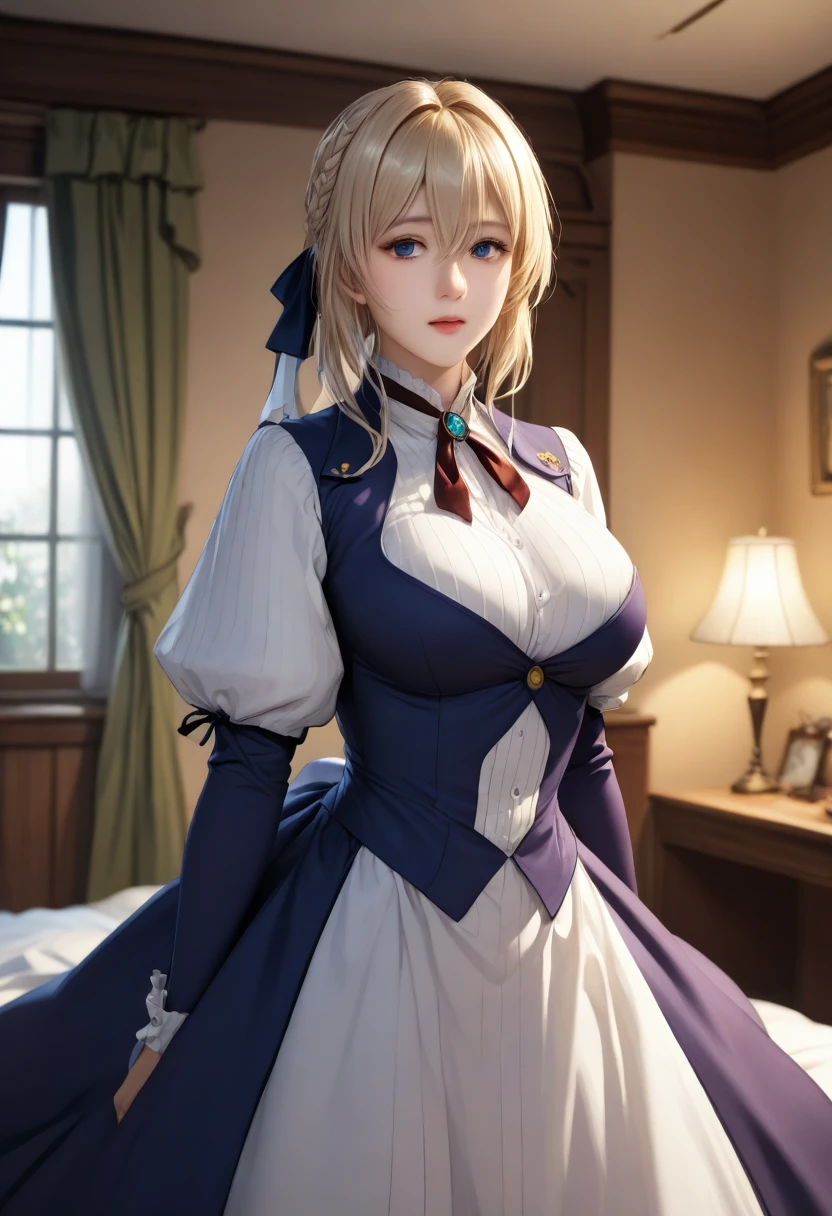 masterpiece, highest quality, (Highly detailed CG synthesis 8k wallpaper), (highest quality), (Best illustrations), (Best Shadow), (Stable Diffusion Model), Violet Evergarden, Sparkling, beautiful, victorian style bedroom, Dynamic Lighting, Depth of written boundary