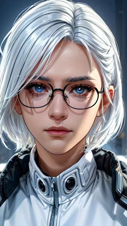 (a closeup portrait of an elderly man with white hair, best quality, 16k, vivid colors, masterpiece:1.12), extremely detailed face, detailed eyes, delicate facial features, well-groomed white beard, perfect haircut and glasses, wearing a cyberpunk-inspired jacket with elements that reflect the dystopian future setting of the game Cyberpunk 2077, dramatic lighting, cinematic composition, intricate details, realistic textures, vibrant colors, moody atmosphere