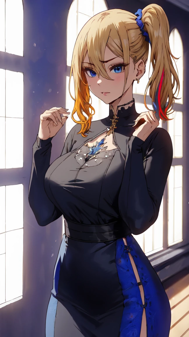 ai hayasaka, bangs, blue eyes, blonde hair, hair ornament, hair between eyes, sidelocks, side ponytail, scrunchie, hair scrunchie, blue scrunchie, (masterpiece, highest quality, best quality, official art, beautiful and aesthetic: 1.2), (1girl), extremely detailed, (fractal art: 1.3), colorful, highest detailed, perfect face, upper body, HDR, bright colors, standing, breast focus, breasts, huge breasts, bare breasts, boob window, sexy, detailed blue eyes, detailed face, detailed eyes, perfect face, perfect eyes, breast window, (full body), school, 