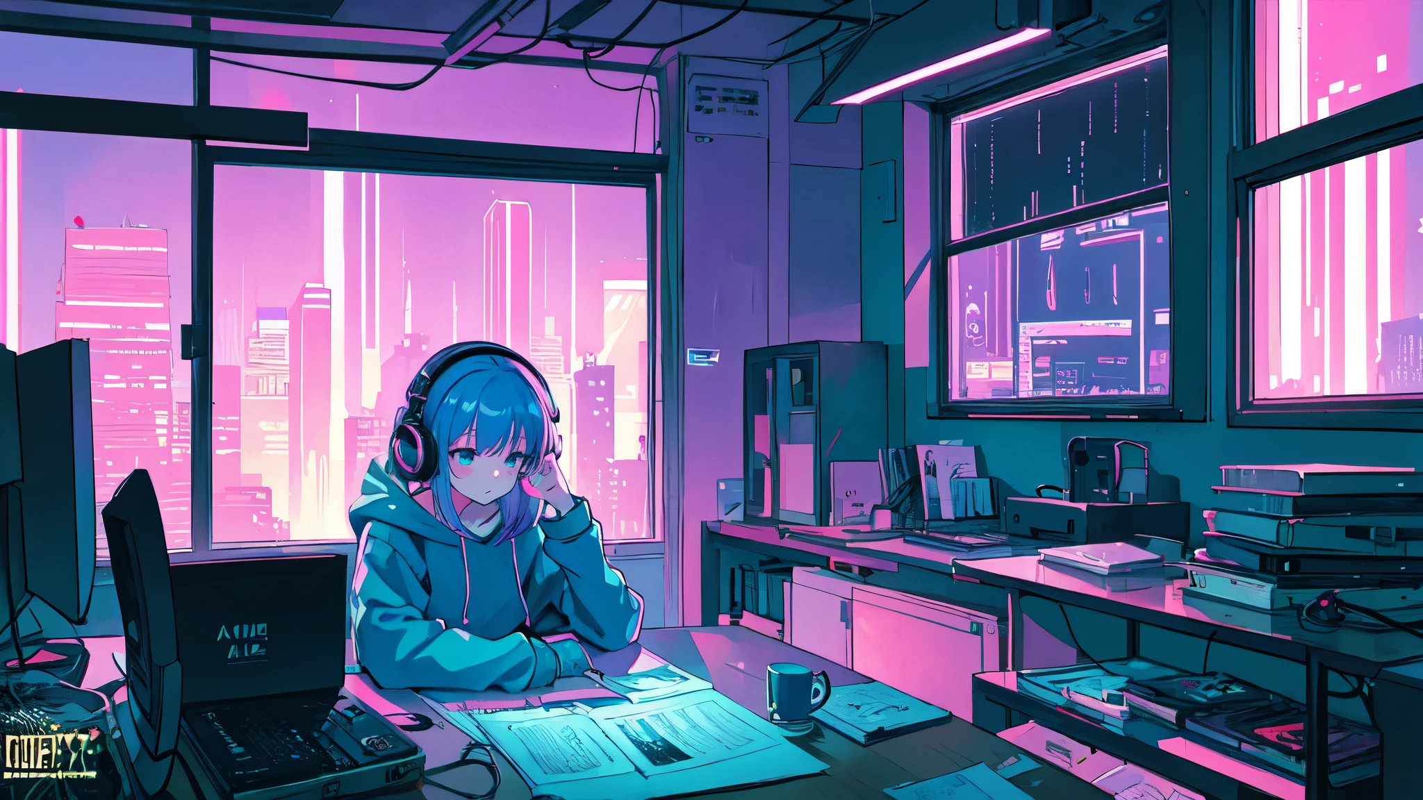 Ultra wide angle (Staynight), Girl studying in her room, Reading a book, Wear headphones, , night lights, Neon landscape on a rainy day, Analog Color Theme, Lo-Fi Hip Hop , Retrospective, Flat, 2.5D ,Draw a line, Ink drawing, Large gradient, Watercolor painting, Goosch color, Studio Ghibli style, Awesome colorful, Outer Ton, Synth Wave, lofi art,90s style,Old textures, amplitude,90s atmosphere, masutepiece, Incredible technology, 16:9 scale