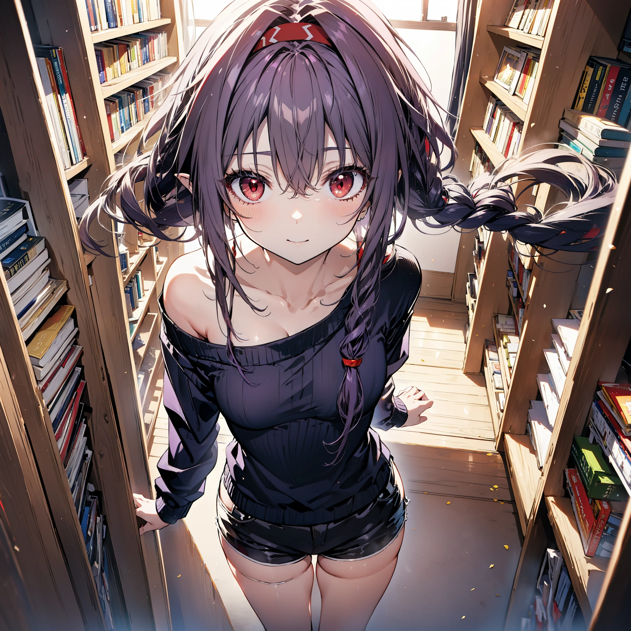 yuukikonno, Konno Yuuki, hair band, Long Hair, Pointed Ears, Purple Hair, (Red eyes:1.5), (Small breasts:1.2), Close your mouth,smile、,Long braids,Black-rimmed glasses,Oversized one-shoulder sweater,Shorts,short boots,Holding a book in both arms,
BREAK looking at viewer, whole body,(Cowboy Shot:1. 5)
BREAK indoors, Figure Library,
BREAK (masterpiece:1.2), highest quality, High resolution, unity 8k wallpaper, (figure:0.8), (Beautiful fine details:1.6), Highly detailed face, Perfect lighting, Highly detailed CG, (Perfect hands, Perfect Anatomy),