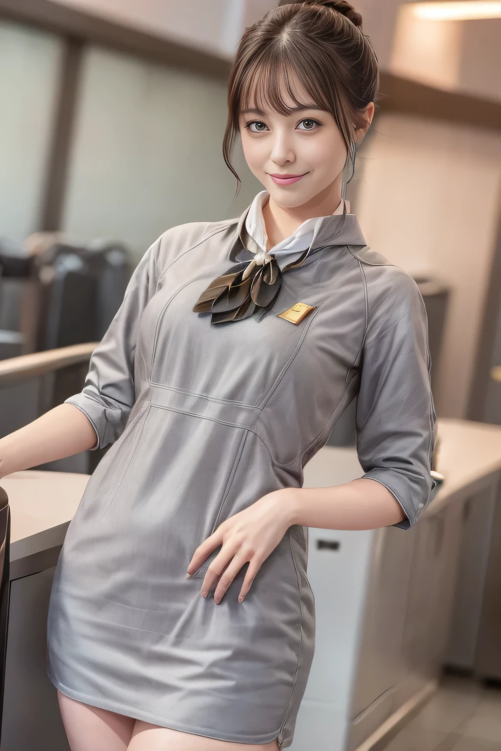(chef-d&#39;œuvre:1.2、la plus haute qualité:1.2)、32K HDR、haute résolution、(seul、1 fille、silhouette mince)、（Style réaliste avec l&#39;uniforme de Starlux Airlines）、 (Dans le salon de l&#39;aéroport, Éclairage professionnel)、Fond de salon d&#39;aéroport、Une vraie femme, Beau visage,、（Uniforme argenté de Starlux Airlines:1.4）、（Uniforme argenté de Starlux Airlines with short sleeves）、（foulard sur la poitrine）、Gros seins、（Cheveux longs、Chignon）、les cheveux brun foncé、Tir lointain、（（De belles mains：2.0））、（（Des proportions corporelles harmonieuses：1.5））、（（Membres normaux：2.0））、（（Doigt normal：2.0））、（（Yeux délicats：2.0））、（（Yeux normaux：2.0））)、Belle posture debout、sourire,Placez vos mains autour de votre ventre