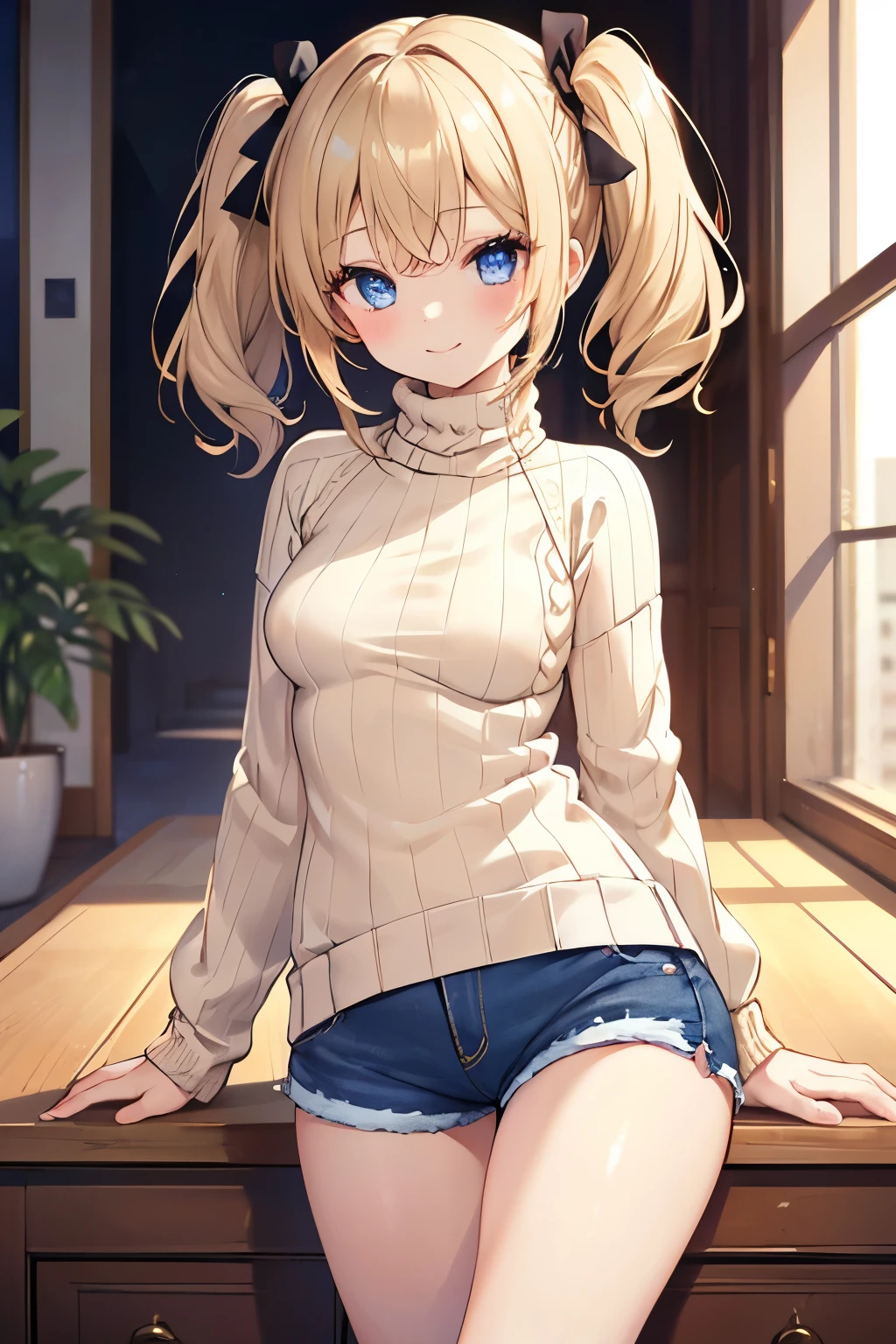 Blonde、Blue Eyes、girl、Small breasts、Twin tails、girl、Small breasts、Lolita、Bright smile、Looks about 15 years old、Petan Musume、short、目のhighlight、Sexy thighs、(Long knit sweater with beige high neck:1.4), ,(Blue jeans fabric shorts),Your eyes are so beautiful、highlight