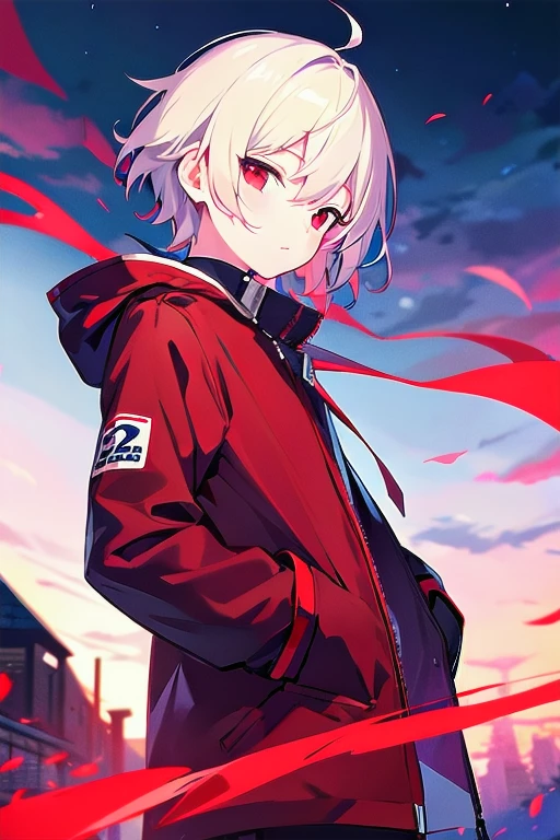 [( Cenematic BACKGROUND:1.5),::5], ((((masterpiece)))), high quality, ultra_very_high_resolution, large_filesize, full color, (((solo))), ((little boy)), (((White short hair))), red eyes, anime, upper body, red light, black parka,