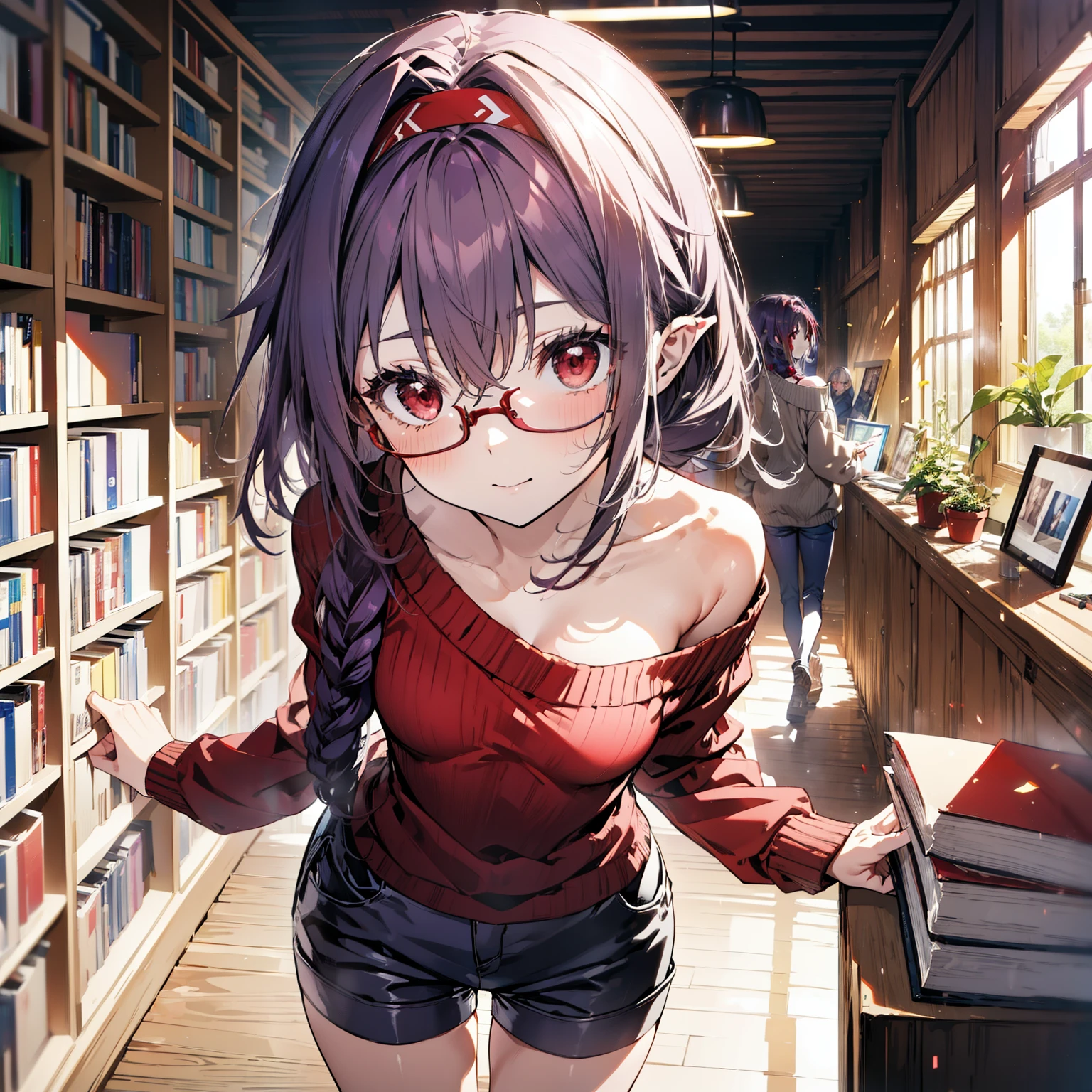 yuukikonno, Konno Yuuki, hair band, Long Hair, Pointed Ears, Purple Hair, (Red eyes:1.5), (Small breasts:1.2), Close your mouth,smile、,Long braids,Black-rimmed glasses,Oversized one-shoulder sweater,Shorts,short boots,Holding a book in both arms,
BREAK looking at viewer, whole body,(Cowboy Shot:1. 5)
BREAK indoors, Figure Library,
BREAK (masterpiece:1.2), highest quality, High resolution, unity 8k wallpaper, (figure:0.8), (Beautiful fine details:1.6), Highly detailed face, Perfect lighting, Highly detailed CG, (Perfect hands, Perfect Anatomy),