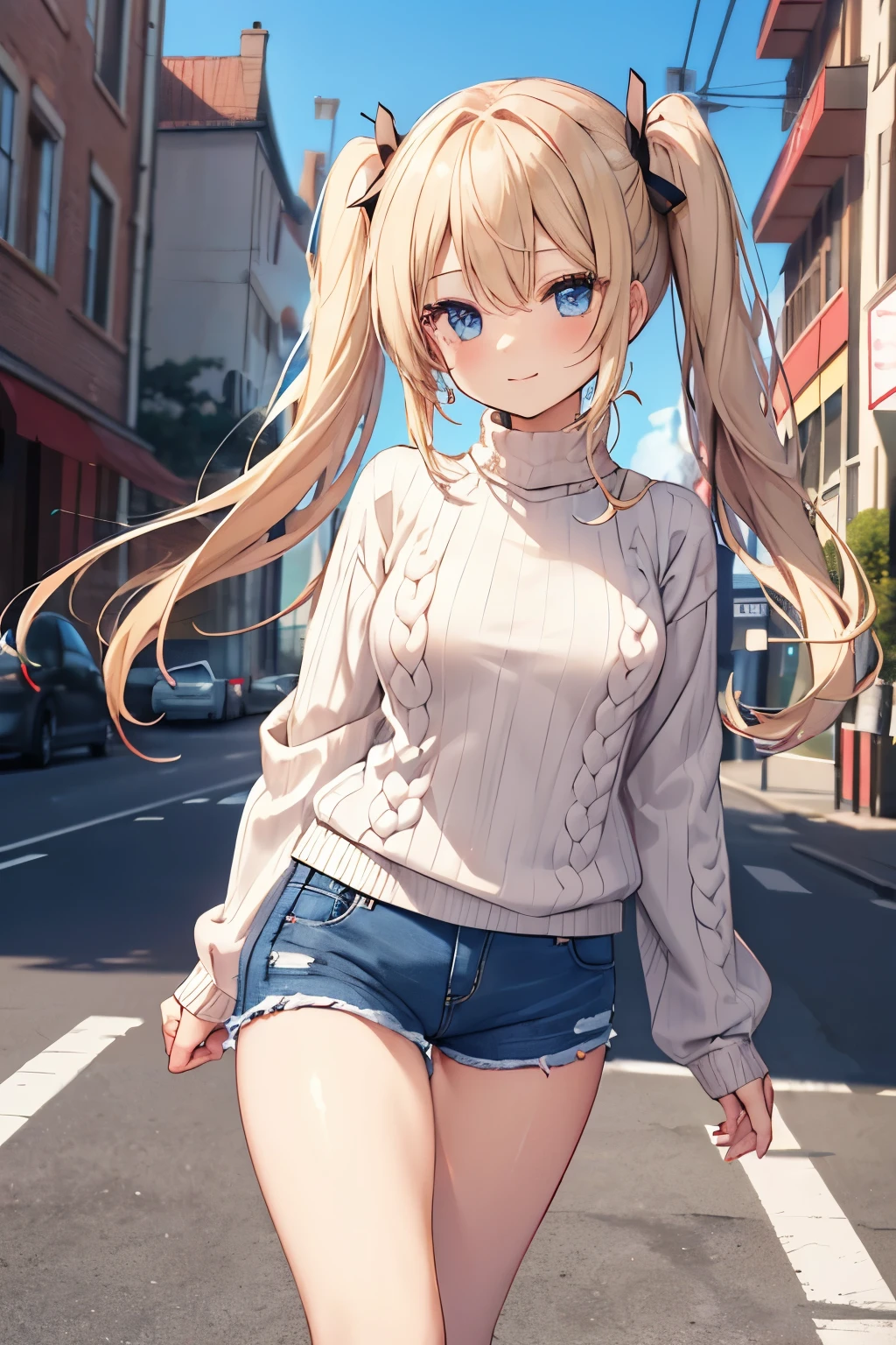 Blonde、Blue Eyes、girl、Small breasts、Twin tails、girl、Small breasts、Lolita、Bright smile、Looks about 15 years old、Petan Musume、short、目のhighlight、Sexy thighs、Walking Outside、blue sky、(Long knit sweater with beige high neck:1.4), ,(Blue jeans fabric shorts),Your eyes are so beautiful、highlight