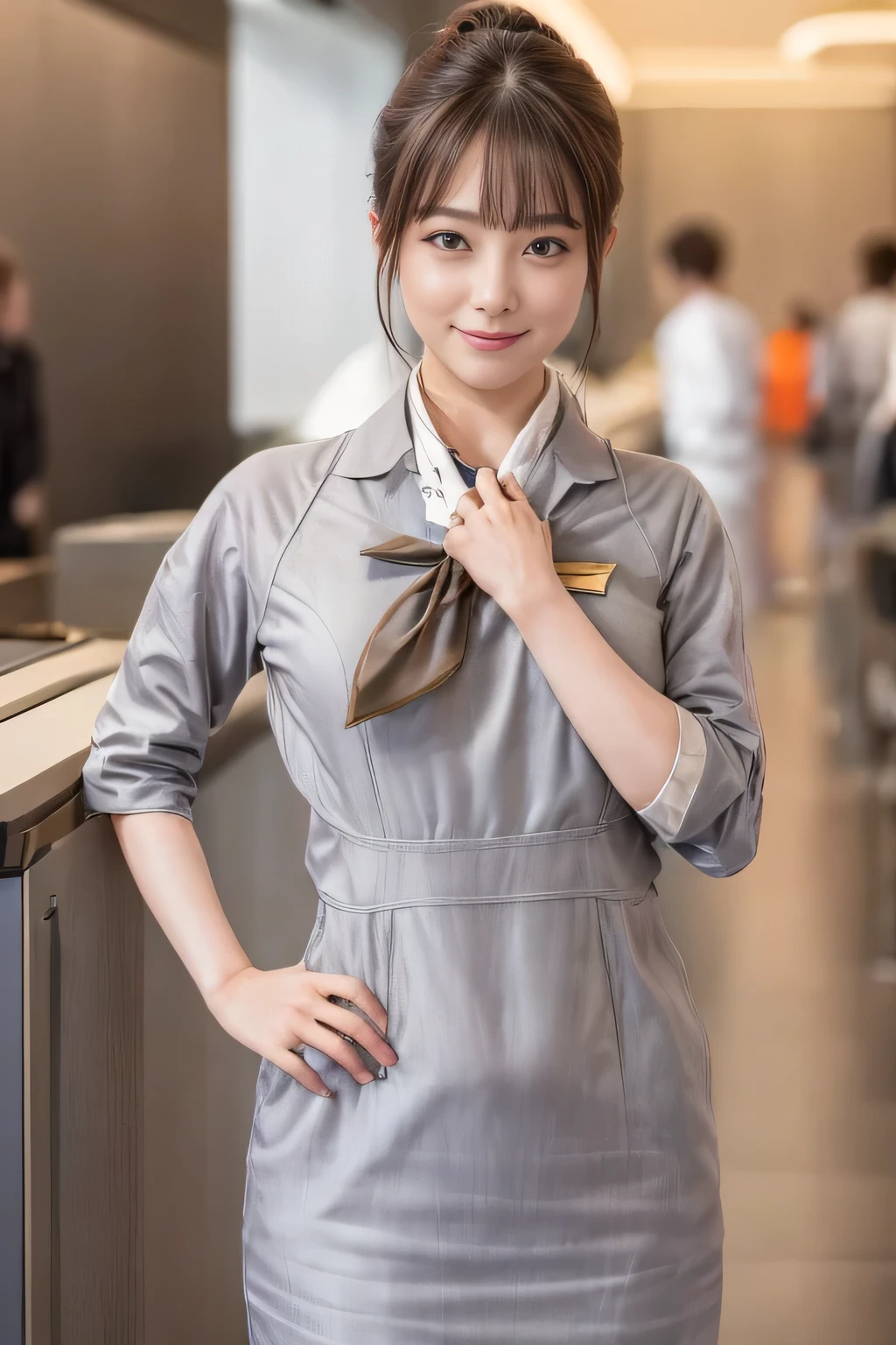 (шедевр:1.2、высшее качество:1.2)、32К HDR、Высокое разрешение、(один、1 девочка、Стройная фигура)、（Реалистичный стиль с униформой Starlux Airlines）、 (В зале аэропорта, Профессиональное освещение)、Фон зала ожидания аэропорта、Правильная женщина, красивое лицо,、（Серебряная униформа Starlux Airlines:1.4）、（Серебряная униформа Starlux Airlines with short sleeves）、（шарф на груди）、большая грудь、（длинные волосы вверх、Пучок волос）、темно-коричневые волосы、дальний план、（（Отличные руки：2.0））、（（Гармоничные пропорции тела.：1.5））、（（Нормальные конечности：2.0））、（（Нормальный палец：2.0））、（（нежные глаза：2.0））、（（Нормальные глаза：2.0））)、красивая осанка стоя、улыбка,Положите руки на живот