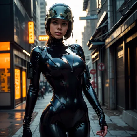 (Cowboy Shot:1.4)、Heavily Armored Female Cyborg、Cyberpunk Mercenary、(Tactical Latex Bodysuit、camouflage:1.4)、Tactical Helmet、Mil...