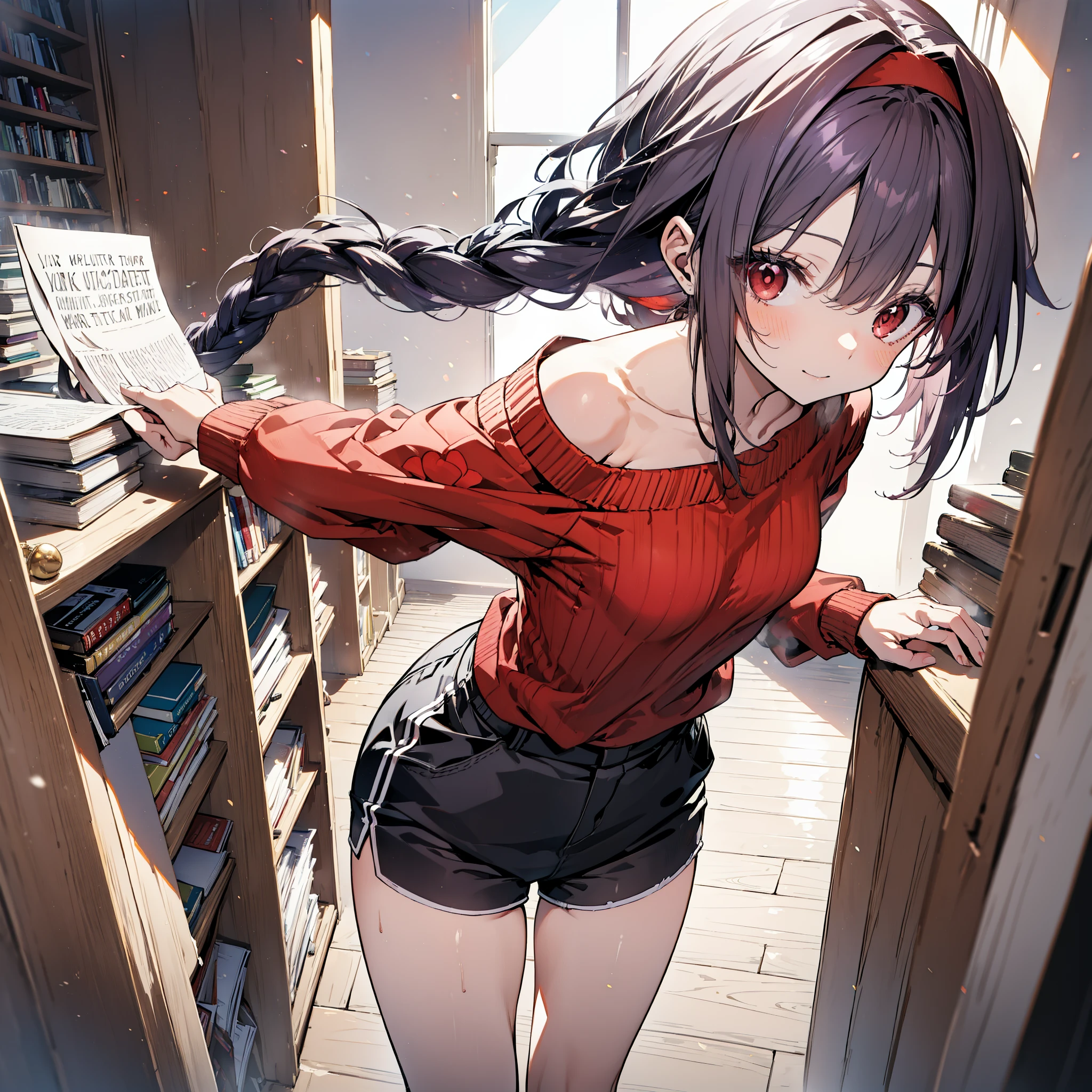 yuukikonno, Konno Yuuki, hair band, Long Hair, Pointed Ears, Purple Hair, (Red eyes:1.5), (Small breasts:1.2), Close your mouth,smile、,Long braids,Black-rimmed glasses,Oversized one-shoulder sweater,Shorts,short boots,Holding a book in both arms,
BREAK looking at viewer, whole body,(Cowboy Shot:1. 5)
BREAK indoors, Figure Library,
BREAK (masterpiece:1.2), highest quality, High resolution, unity 8k wallpaper, (figure:0.8), (Beautiful fine details:1.6), Highly detailed face, Perfect lighting, Highly detailed CG, (Perfect hands, Perfect Anatomy),