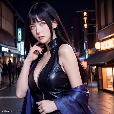 (( hyuga hinata-naruto/hyuuga hinata-naruto)), raining night,city,a beautiful woman in gyaru makeup wearing sport suit on the bu...