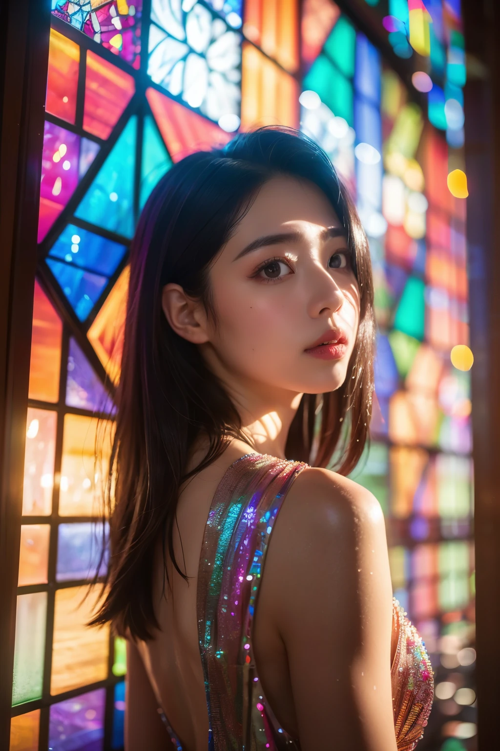 highest quality, 8K resolution, masterpiece, Professional photography, One Japanese woman, 28 years old, Upper Body View, The background is colorful stained glass, Enchanting atmosphere, contemporary scene