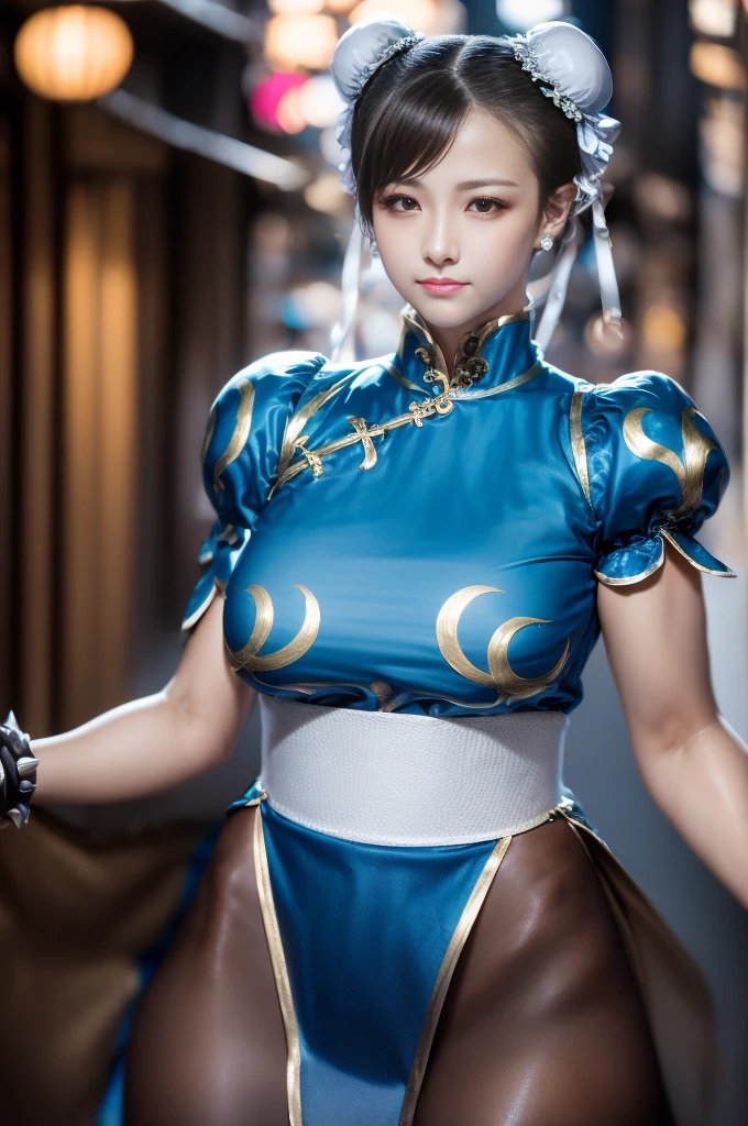 Chun-Li from Street Fight II,The perfect Chun-Li costume,Blue Chinese dress with gold lines,Bunhead,Good cover,Fighting Pose,masterpiece、1 beautiful girl、Fine Eyes、Puffy eyes、highest quality, 超High resolution, (reality: 1.4), Cinema Lighting、Japanese、Asian Beauty、Korean、so beautiful、Beautiful Skin、Body facing forward、Face close-up、(超reality的な)、(High resolution)、(8k)、(Very detailed)、(美しくFine Eyes)、(Very detailed)、 (wall-)、Detailed face、Bright lighting、Professional Lighting、Looking at the audience、Look straight ahead、Diagonal bangs、Nogizaka Idol、Korean Idol、masterpiece, highest quality, masterpiece, highest quality, Perfect Face, Perfect brown eyes with white sclera, Bad move -5, alone, 1 girl, Upper Body, Brown Hair, From SF2, Chinese Language Services, smile, Muscular woman, Blue clothes, pantyhose, Pelvic Curtain, Puff short sleeves, Good cover, sash, evaluation:safety