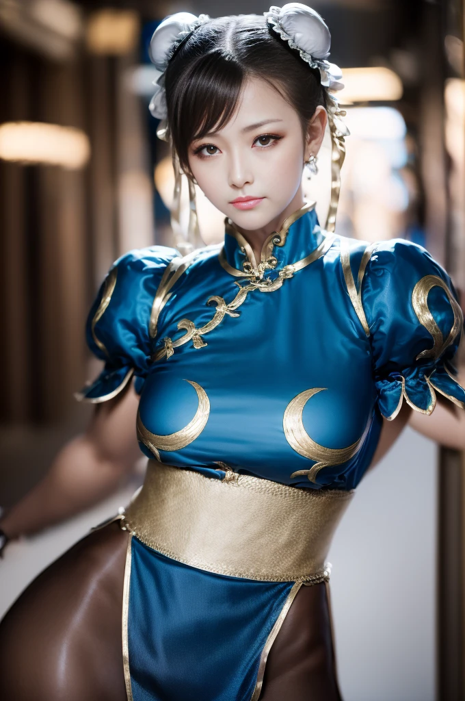 Chun-Li from Street Fight II,The perfect Chun-Li costume,Blue Chinese dress with gold lines,Bunhead,Good cover,Fighting Pose,masterpiece、1 beautiful girl、Fine Eyes、Puffy eyes、highest quality, 超High resolution, (reality: 1.4), Cinema Lighting、Japanese、Asian Beauty、Korean、so beautiful、Beautiful Skin、Body facing forward、Face close-up、(超reality的な)、(High resolution)、(8k)、(Very detailed)、(美しくFine Eyes)、(Very detailed)、 (wall-)、Detailed face、Bright lighting、Professional Lighting、Looking at the audience、Look straight ahead、Diagonal bangs、Nogizaka Idol、Korean Idol、masterpiece, highest quality, masterpiece, highest quality, Perfect Face, Perfect brown eyes with white sclera, Bad move -5, alone, 1 girl, Upper Body, Brown Hair, From SF2, Chinese Language Services, smile, Muscular woman, Blue clothes, pantyhose, Pelvic Curtain, Puff short sleeves, Good cover, sash, evaluation:safety