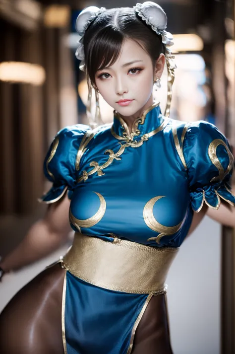 Chun-Li from Street Fight II,The perfect Chun-Li costume,Blue Chinese dress with gold lines,Bunhead,Good cover,Fighting Pose,mas...