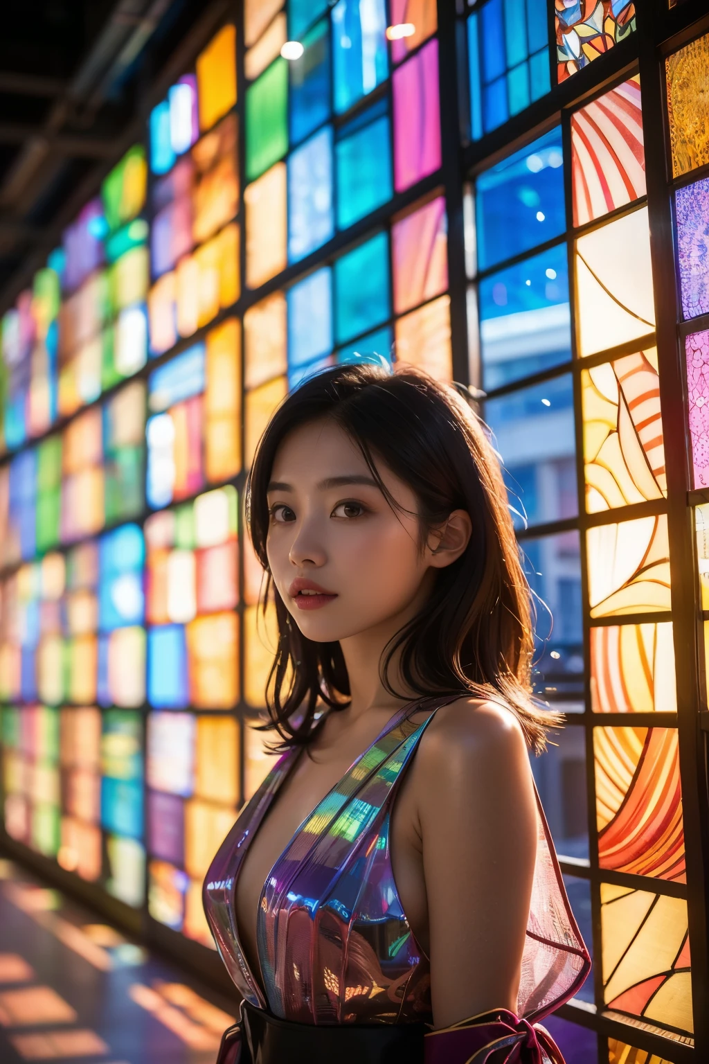 highest quality, 8K resolution, masterpiece, Professional photography, One Japanese woman, 28 years old, Upper Body View, The background is colorful stained glass, Enchanting atmosphere, contemporary scene, Rainbow Glass