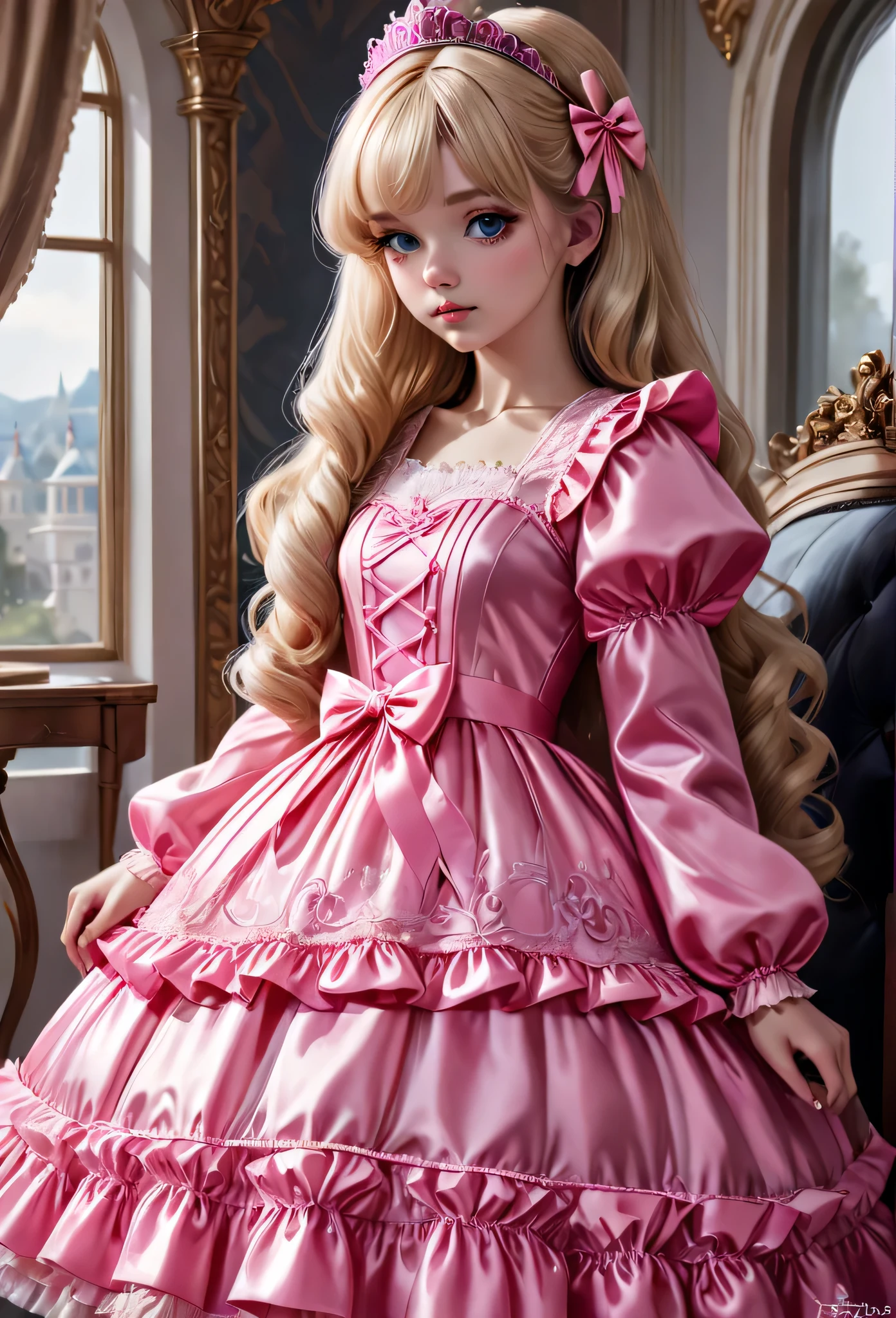 ,highest quality, masterpiece, highest resolution, artwork, 3K realistic photos,,((10 year old little girls)),Super detailed baby face,both are princesses,Full length ball gown dress with hoop skirt,ruffled yoke collar,Detailed braided ribbon on chest,puff sleeves,long sleeve,((Lolita style hot pink detailed princess satin dress、Comes with lots of frills and ribbons。)),shiny silk satin dress,soft and smooth silk satin fabric,luxury,Very long blonde hair,blue eyes,white skin european,pajamas,((Outside the palace)),Princess dancing happily,gorgeous flowing dress,fine white frills and lace,Super long hair that is as tall as your body,the princess is running